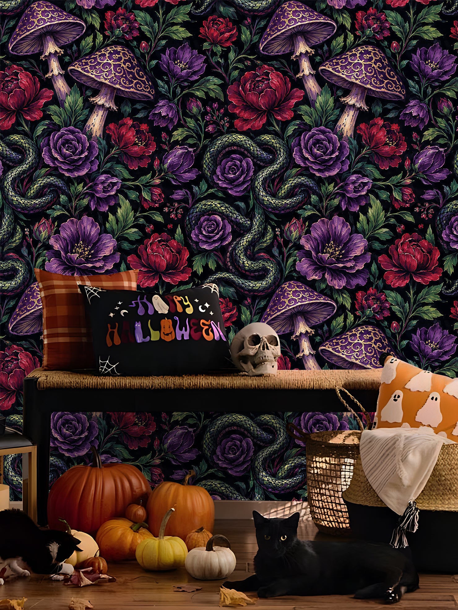HaokHome Peel and Stick Wallpaper Dark Purple Rose Mushroom Snake Wall Mural Removable Self Adhesive Gothic Botanical Wallpaper