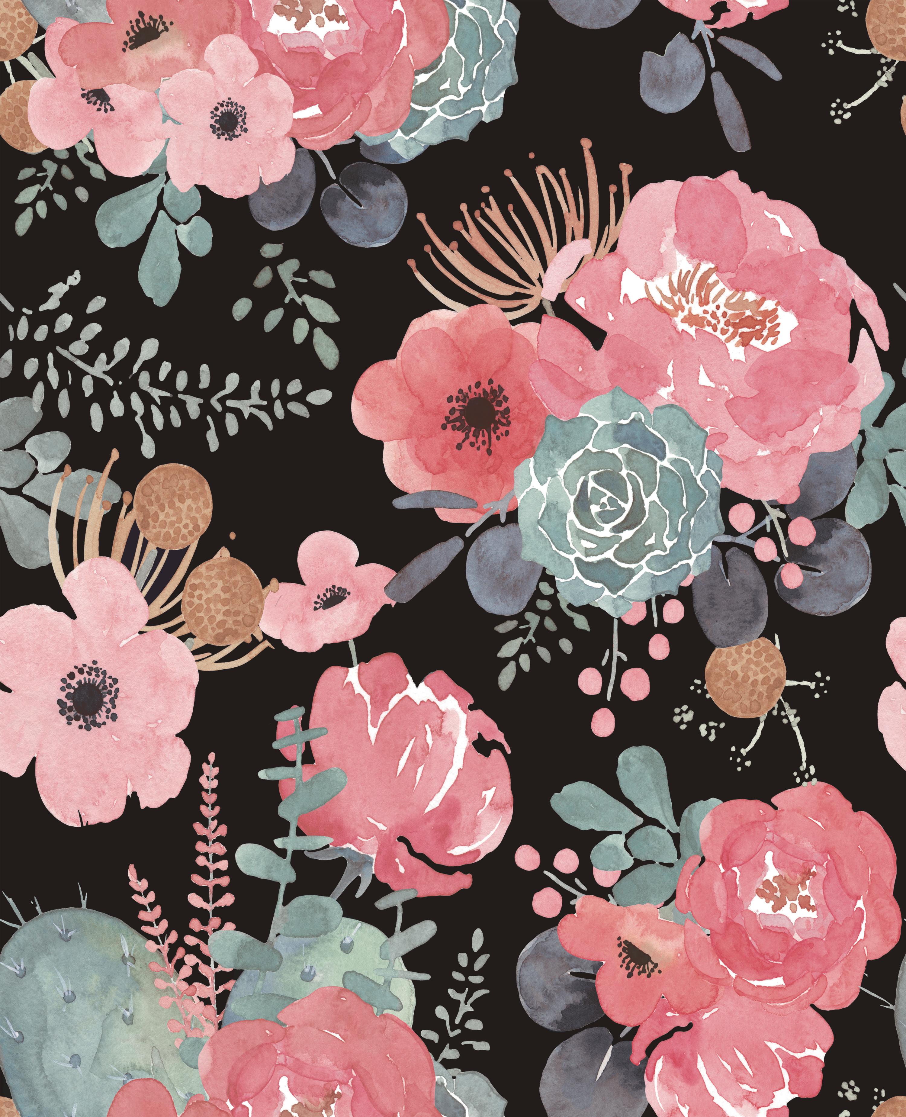 Watercolor Blush Rose & Cactus Peel and Stick Wallpaper, Moody Dark Botanical Decor | HaokHome