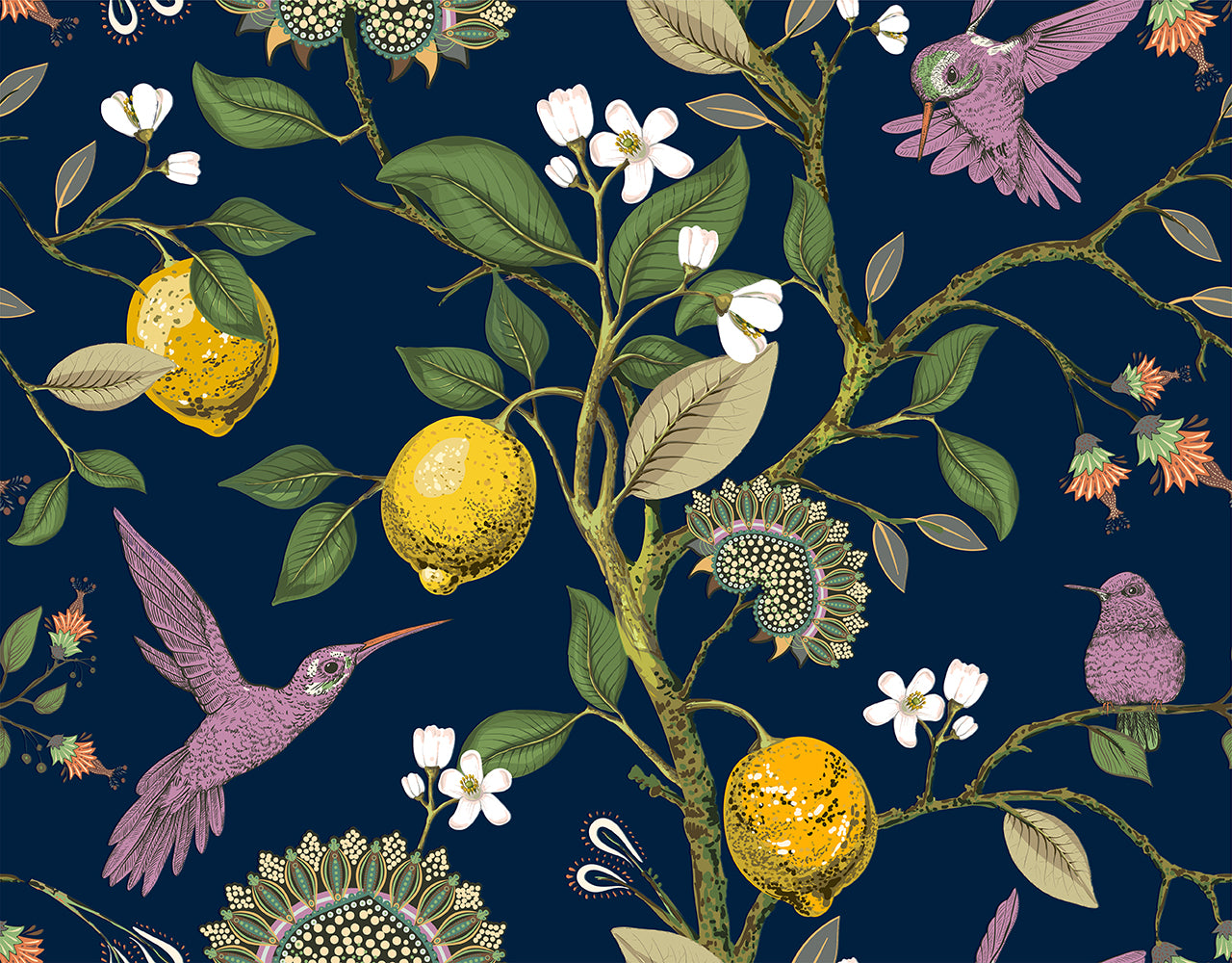 HaokHome Peel and Stick Wallpaper Blue Hummingbird and Lemon Tree Floral Pattern Tropical Wall Mural Removable Vinyl Self Adhesive Wallpaper for Living Room Bedroom Kitchen Decor