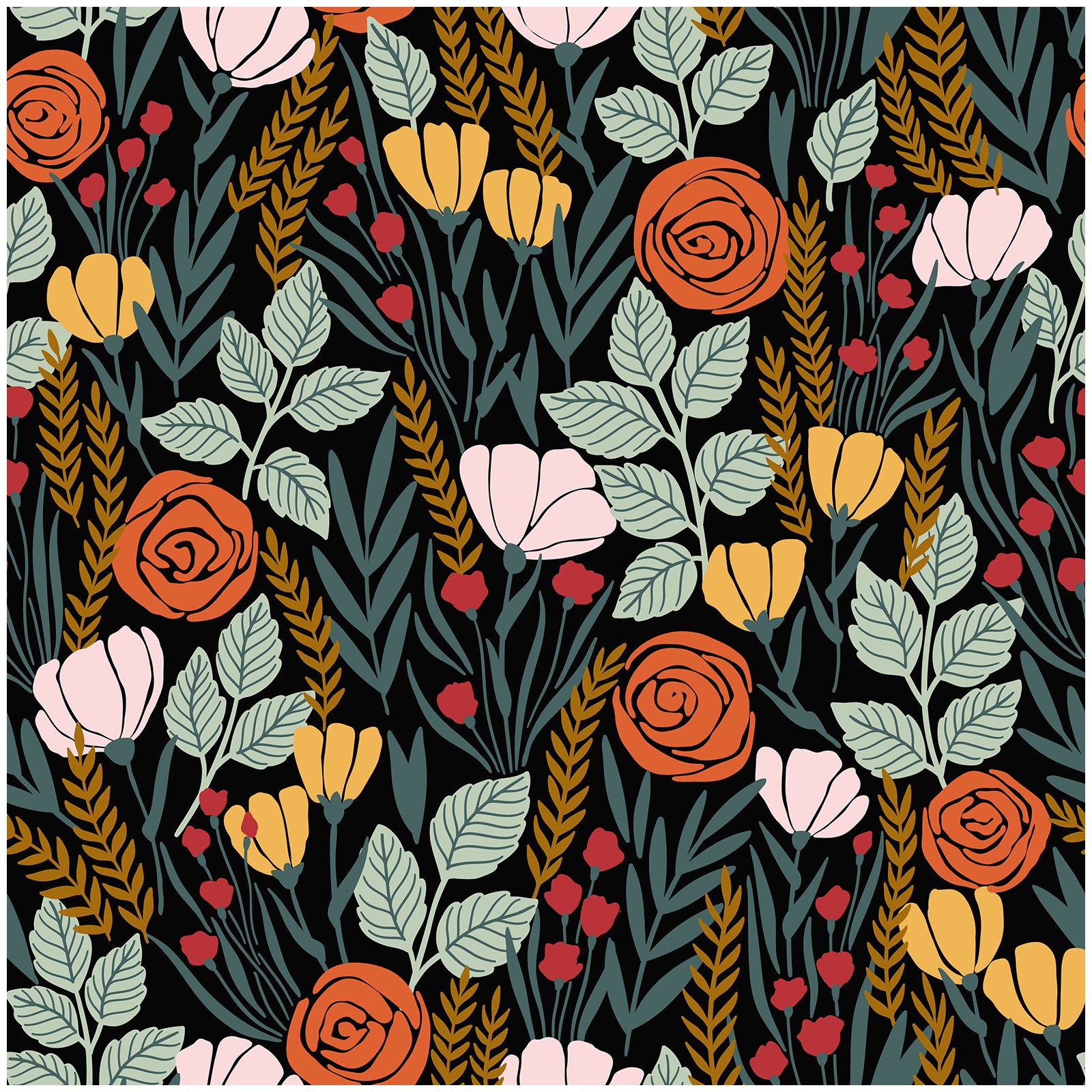 Haokhome Moody Black Background Autumn Floral Removable Self‑Adhesive Wall Covering, Bold Retro Wildflower Wallpaper