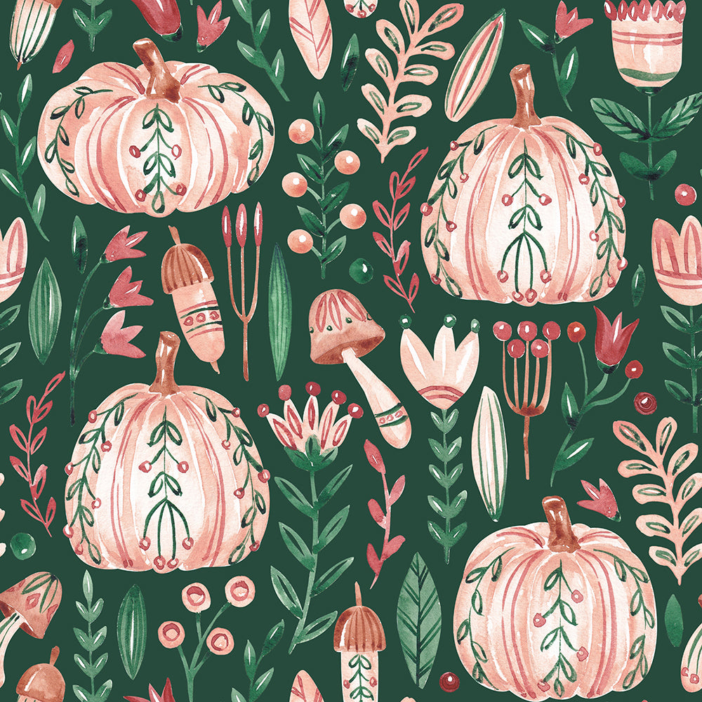 HaokHome Peel and Stick Wallpaper Green Pumpkin Botanical Autumn Harvest Pattern Wall Mural Removable Vinyl Self Adhesive Wallpaper for Kitchen Living Room Thanksgiving Fall Decor