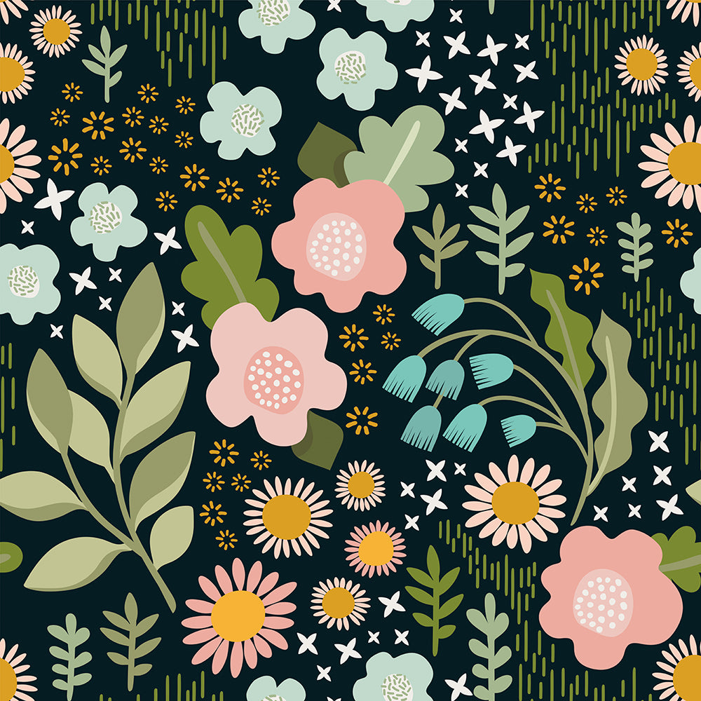 HaokHome Peel and Stick Wallpaper – Modern Scandinavian Floral Pattern with Dark Blue Background for Bedroom, Nursery, or Accent Wall