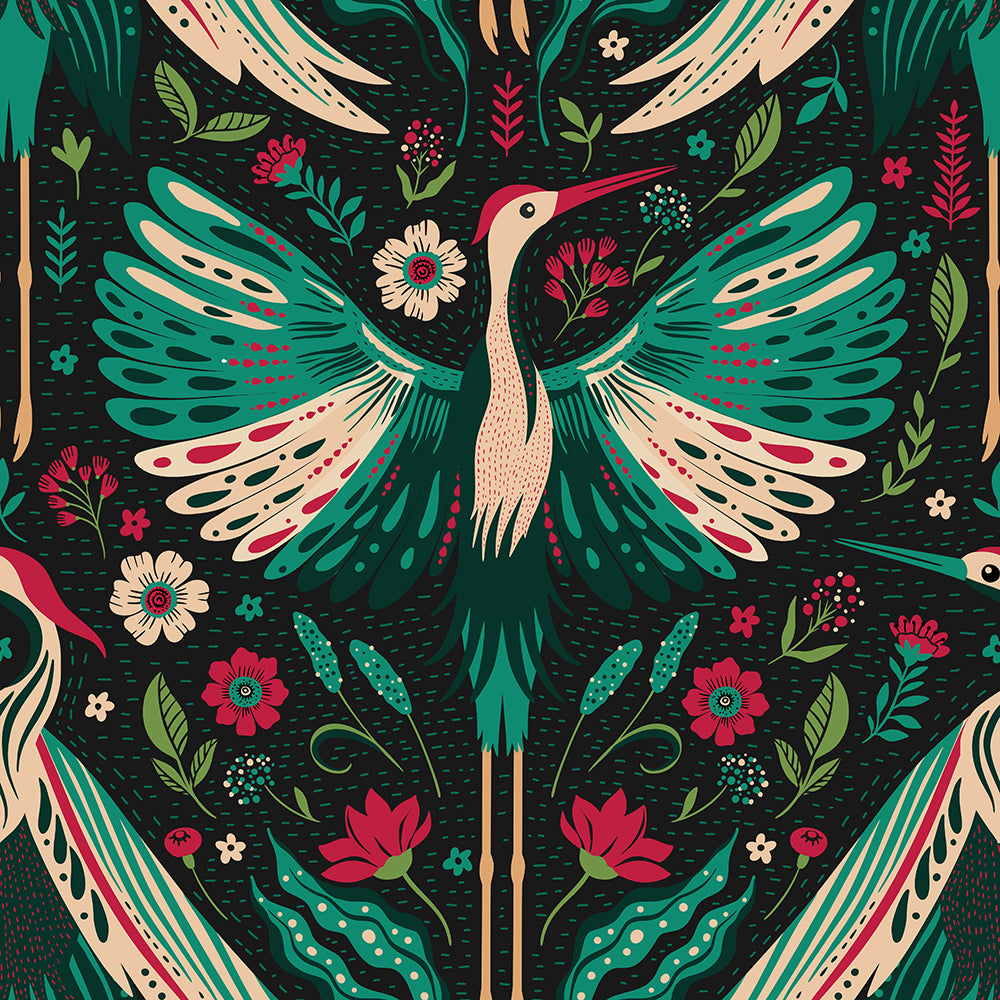 HaokHome Peel and Stick Wallpaper Boho Vintage Crane and Floral Pattern Dark Botanical Wall Mural Removable Vinyl Self Adhesive Wallpaper for Bedroom Living Room Accent Wall Nature Decor