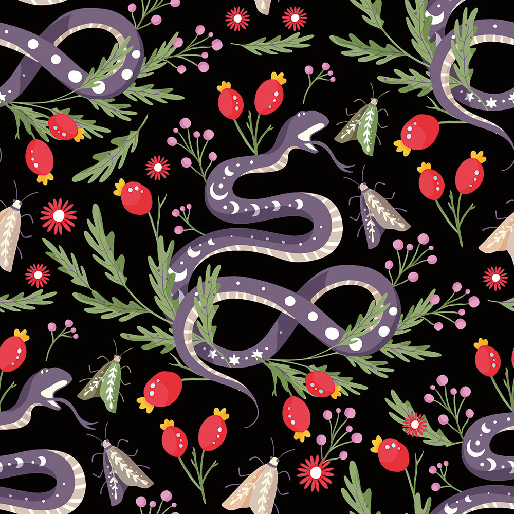 HaokHome Peel and Stick Wallpaper Dark Botanical Serpent Pattern Wall Mural with Red Berries and Moths Removable Self Adhesive Vinyl Wallpaper for Living Room Bedroom Accent Wall Decor