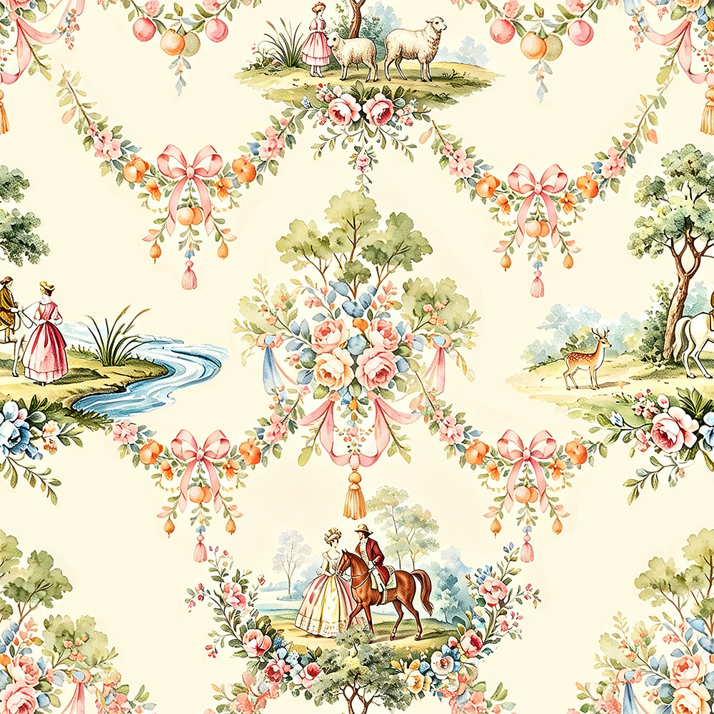 HaokHome Vintage French Pastoral Peel and Stick Wallpaper, Elegant Floral & Equestrian Scenic Removable Self Adhesive Wallpaper, Soft Muted Tone