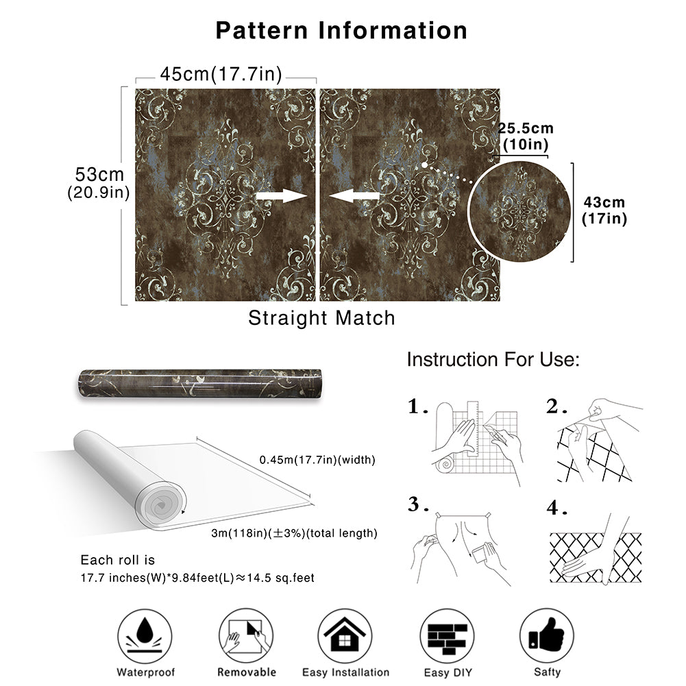 HaokHome Damask Wallpaper Peel and Stick Wallpaper Brown Vintage Wall Paper