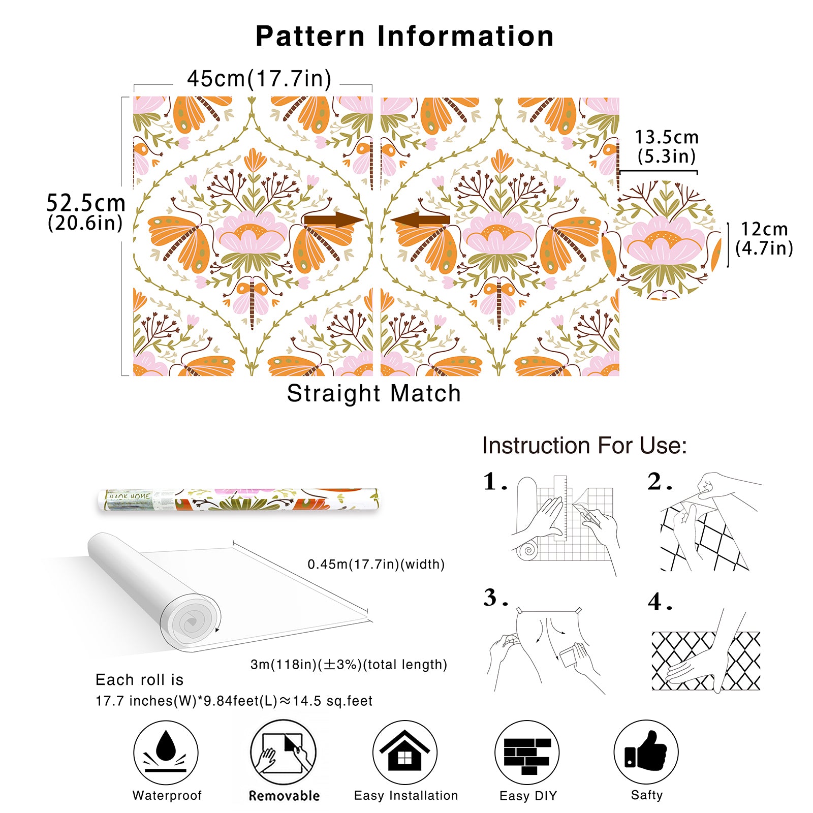 HaokHome Folk Art Butterfly Floral Wallpaper, Pink Orange Removable Self‑Adhesive Wall Covering