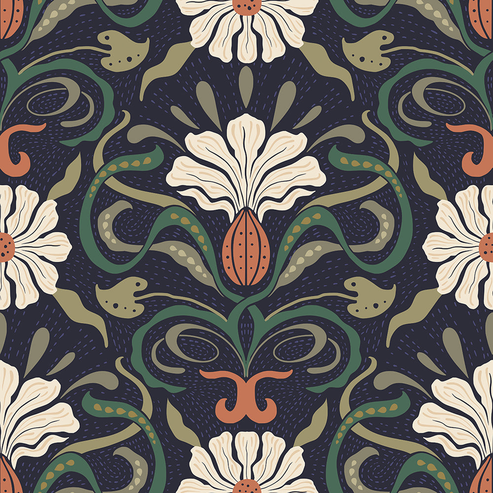 HaokHome Peel and Stick Wallpaper Vintage Floral Botanical Wall Mural Removable Self Adhesive Dark Blue Boho Art Nouveau Wallpaper for Living Room Bedroom Decor