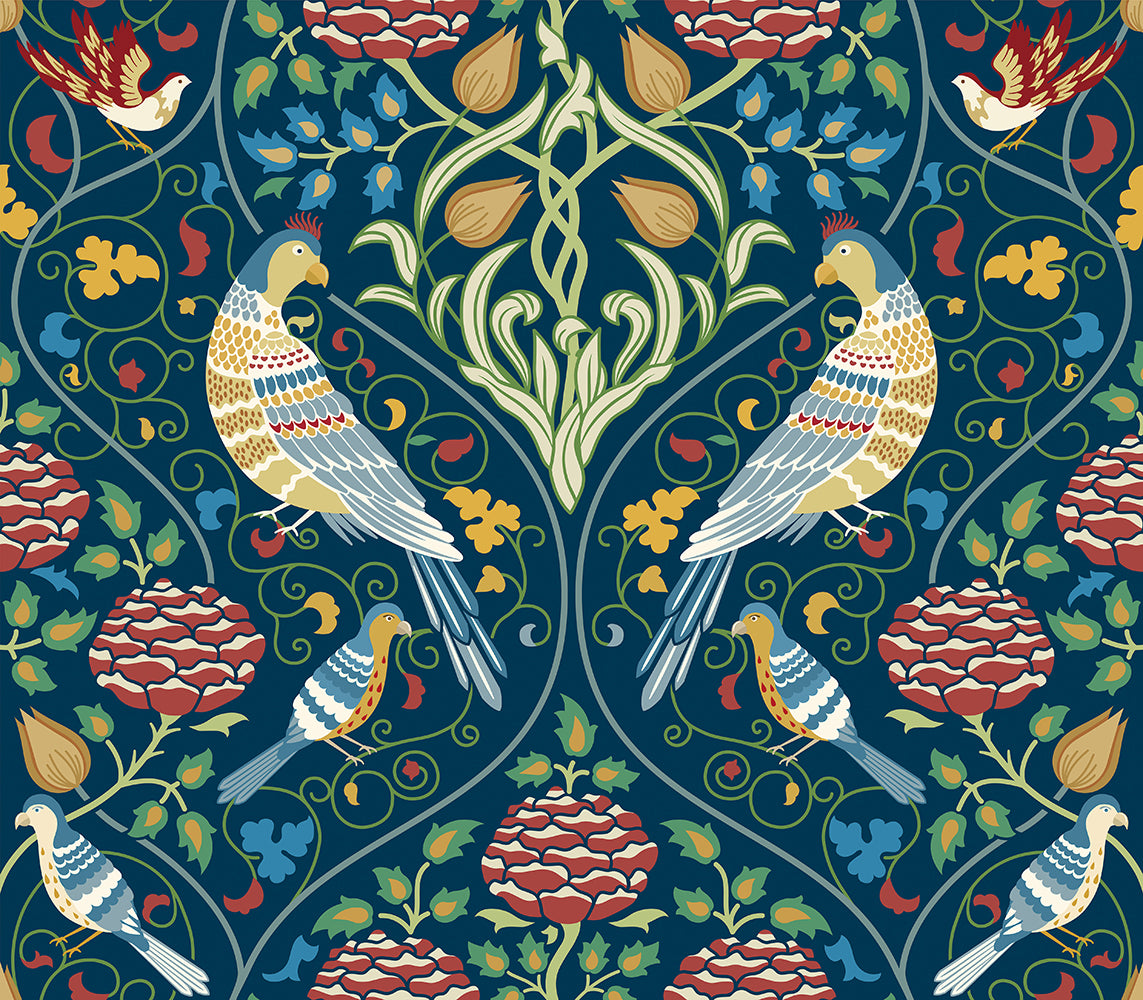 HaokHome Peel and Stick Wallpaper Vintage William Morris Style Bird and Floral Wall Mural Removable Self Adhesive Blue Wallpaper for Living Room Bedroom Decor