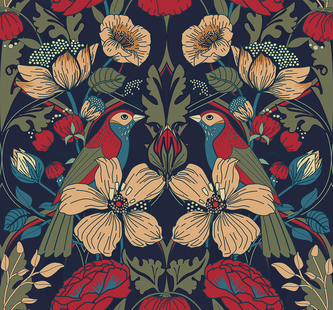HaokHome Peel and Stick Wallpaper Vintage Birds and Floral Pattern Dark Blue Botanical Wall Mural Removable Vinyl Self Adhesive Wallpaper for Living Room Bedroom Accent Wall Home Decor