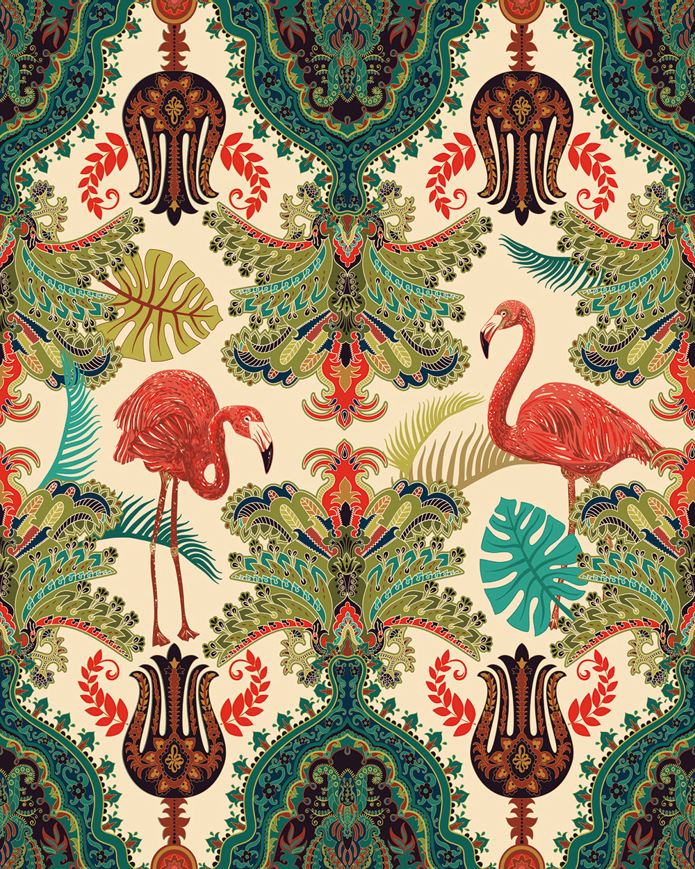 HaokHome Peel and Stick Wallpaper Boho Tropical Flamingo and Leaf Pattern Vintage Baroque Wall Mural Removable Vinyl Self Adhesive Wallpaper for Living Room Bedroom Accent Wall