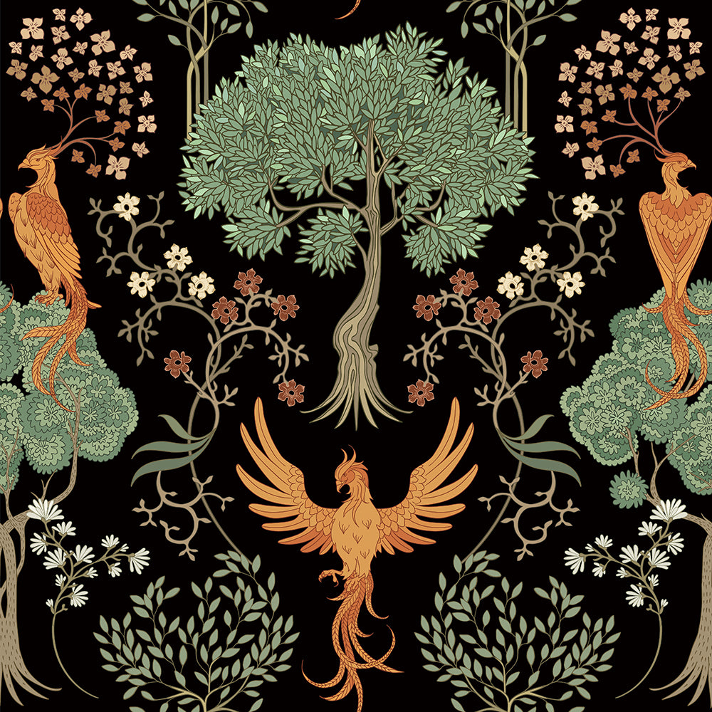 HaokHome Peel and Stick Wallpaper Vintage Phoenix and Tree Pattern Black Botanical Wall Mural Removable Vinyl Self Adhesive Wallpaper for Living Room Bedroom Accent Wall Home Decor