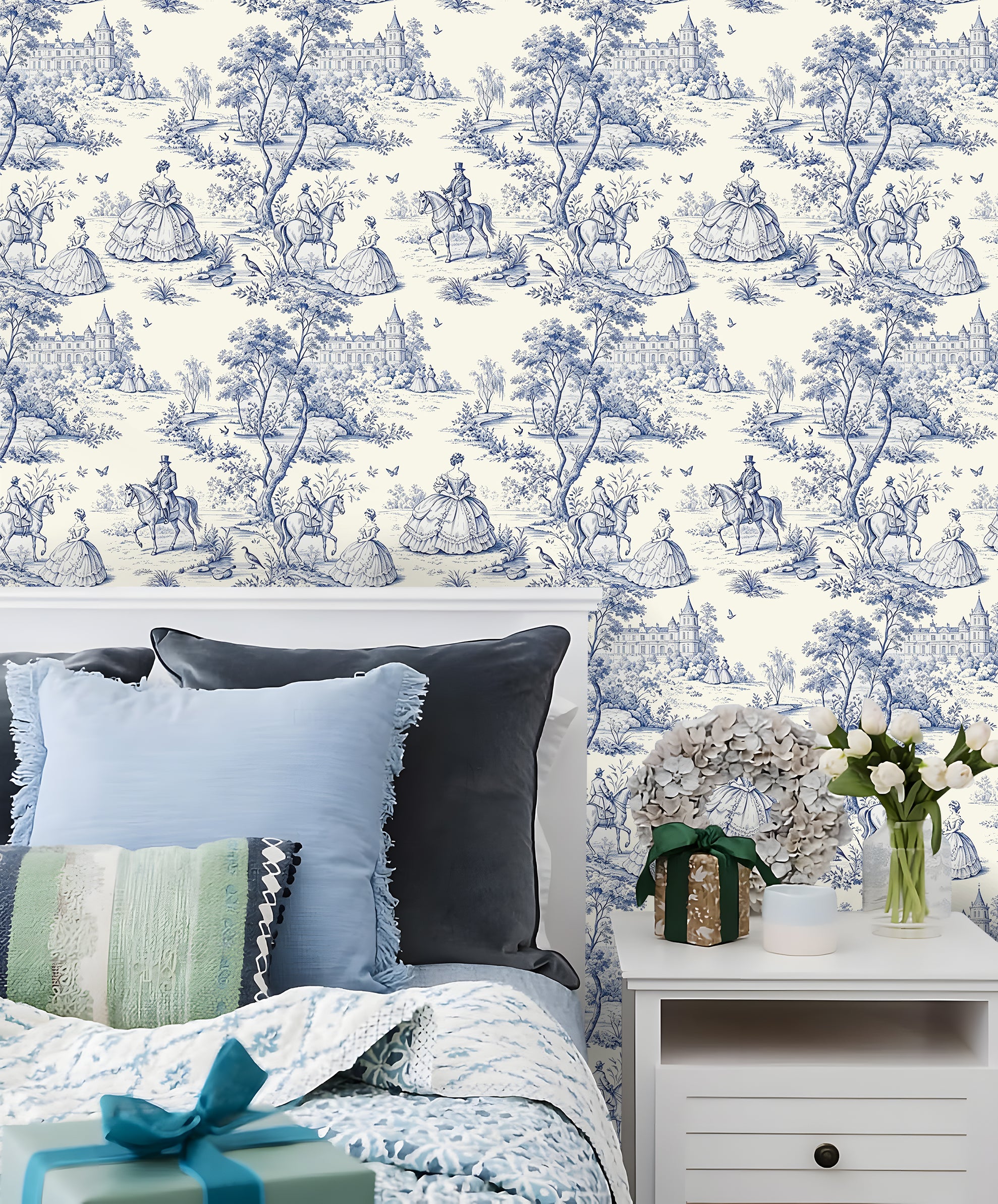 HaokHome Classic Toile de Jouy Peel and Stick Wallpaper, Blue & White French Countryside Scenic Removable Self Adhesive Wallpaper