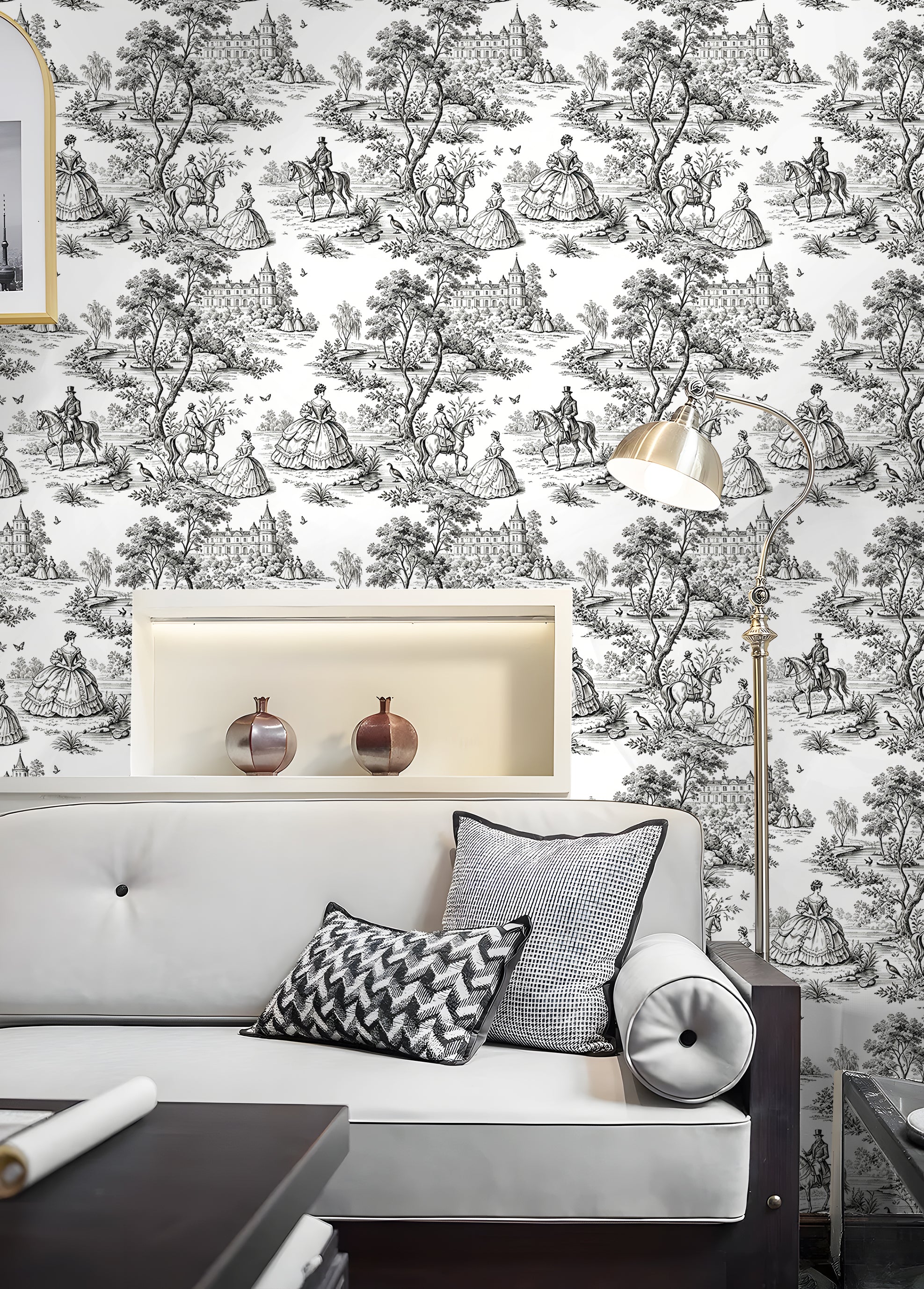 HaokHome Neutral Toile de Jouy Peel and Stick Wallpaper, Black & White Vintage French Scenic Removable Self Adhesive Wallpaper
