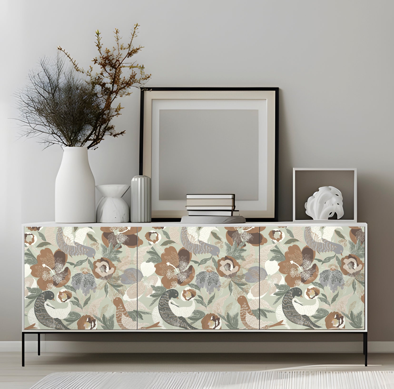 HaokHome Neutral Folk Bird floral Peel and Stick Wallpaper, Vintage Bird & Flower Removable Wallpaper