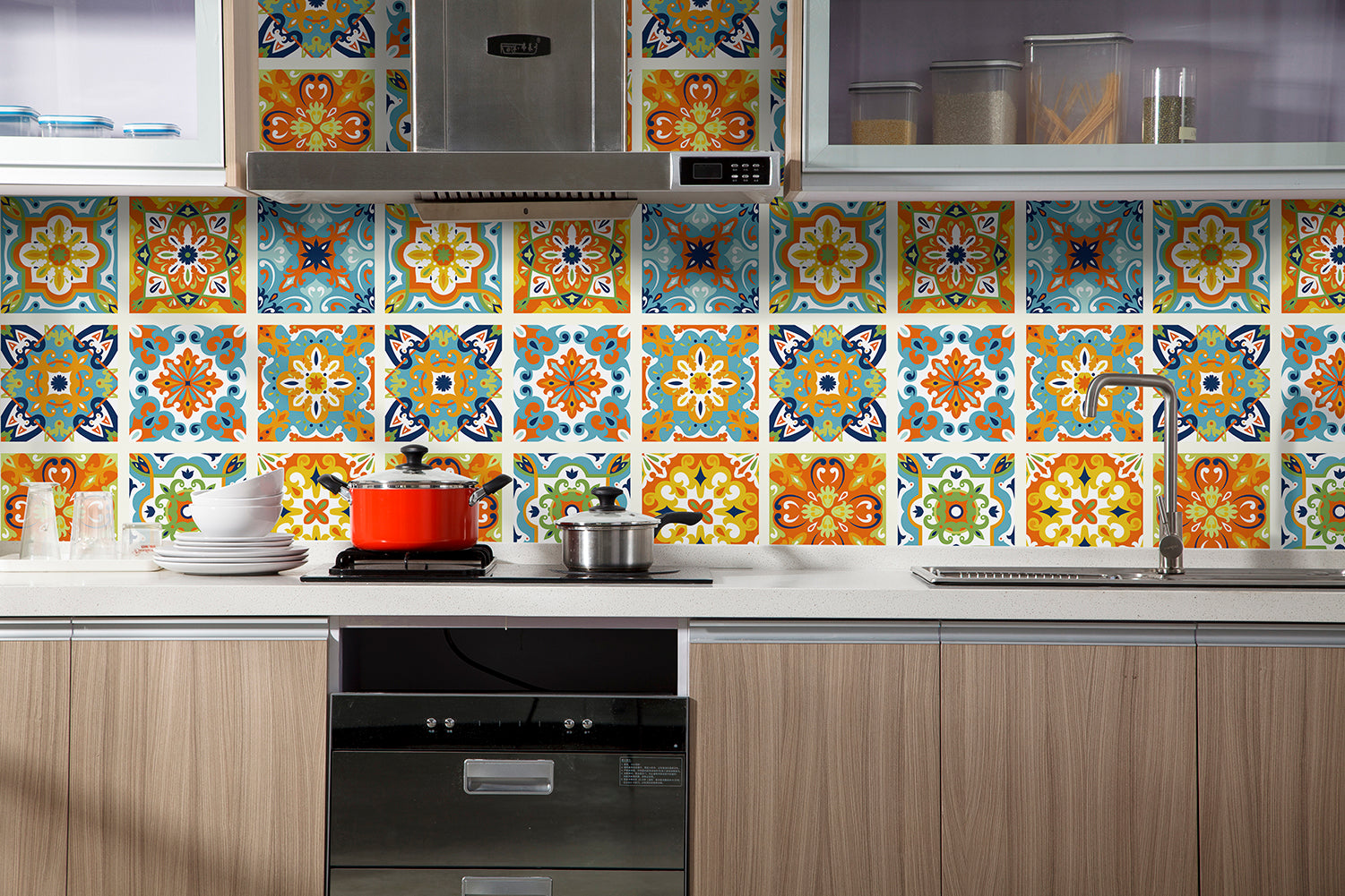 HaokHome 96006-1 Moroccan Tiles Wallpaper Peel and Stick Beige Colorful Wallpaper for Bedroom Kitchen