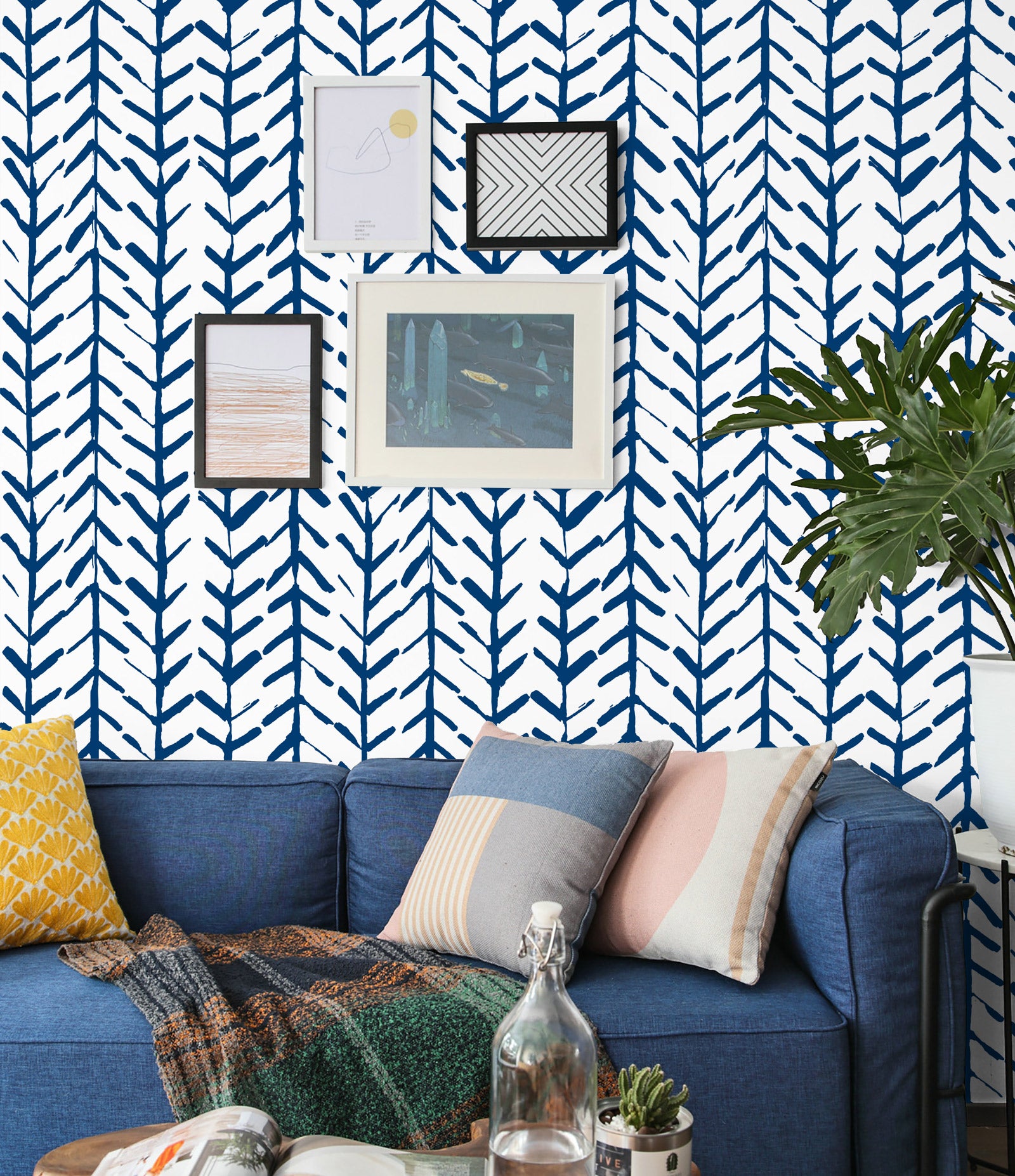 HaokHome Navy Blue Geometric Chevron Leaf Peel and Stick Wallpaper Modern Minimalist Removable Accent Wall Mural