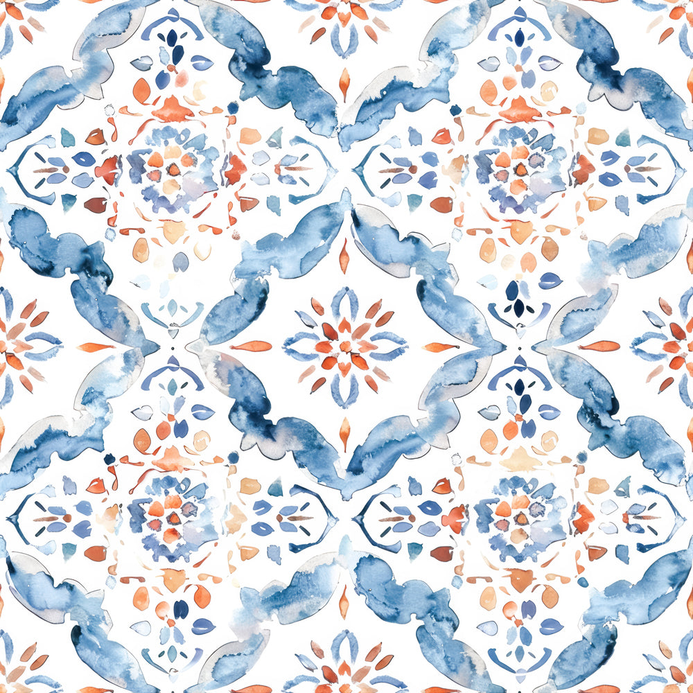 HaokHome Mediterranean Tile Peel and Stick Wallpaper Watercolor Pattern Removable Wall Decor for Kitchen & Bathroom