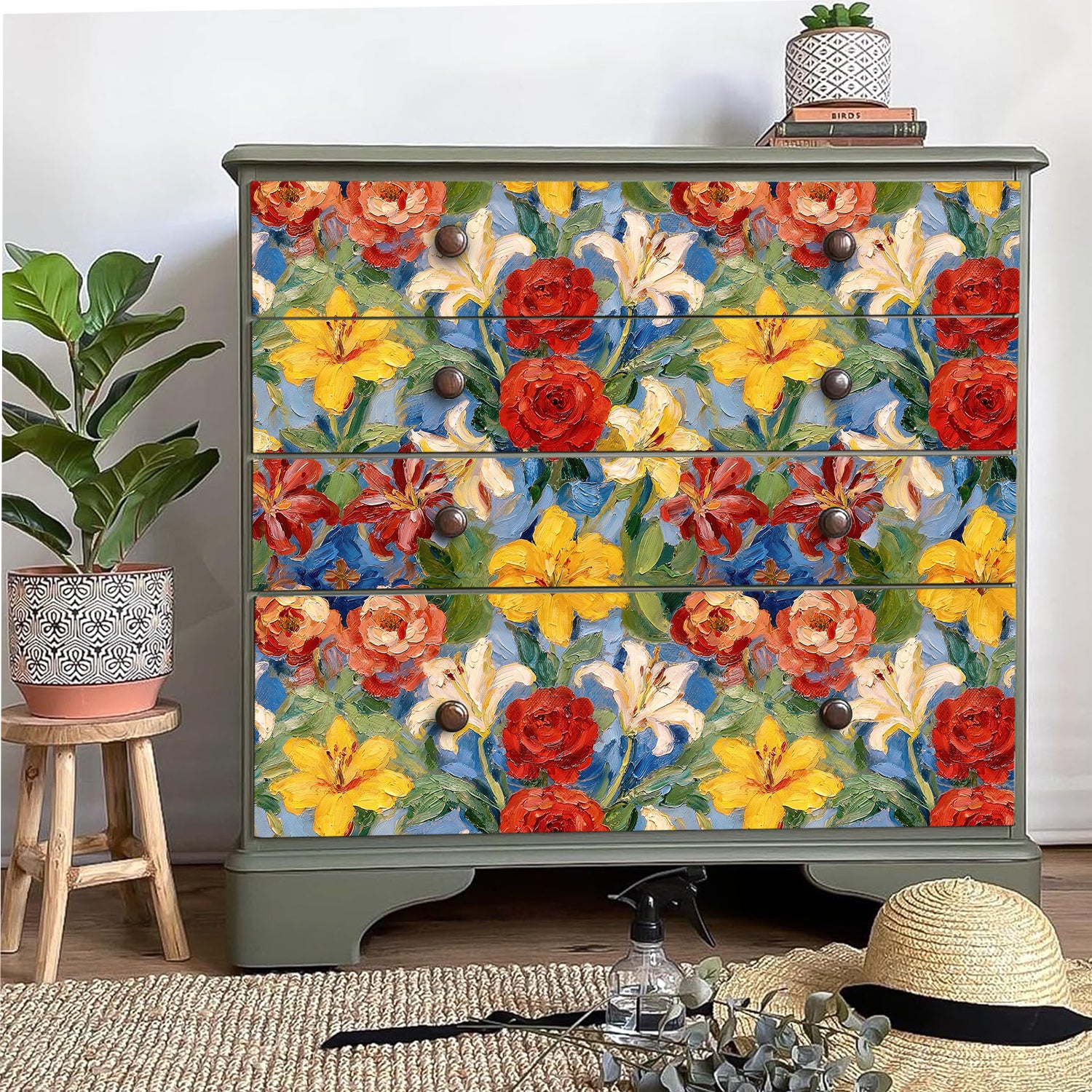 HaokHome Peel and Stick Wallpaper Bold Oil Painting Floral Botanical Rose & Lily Colorful Style Removable Self Adhesive Wallpaper for Living Room & Dining Room