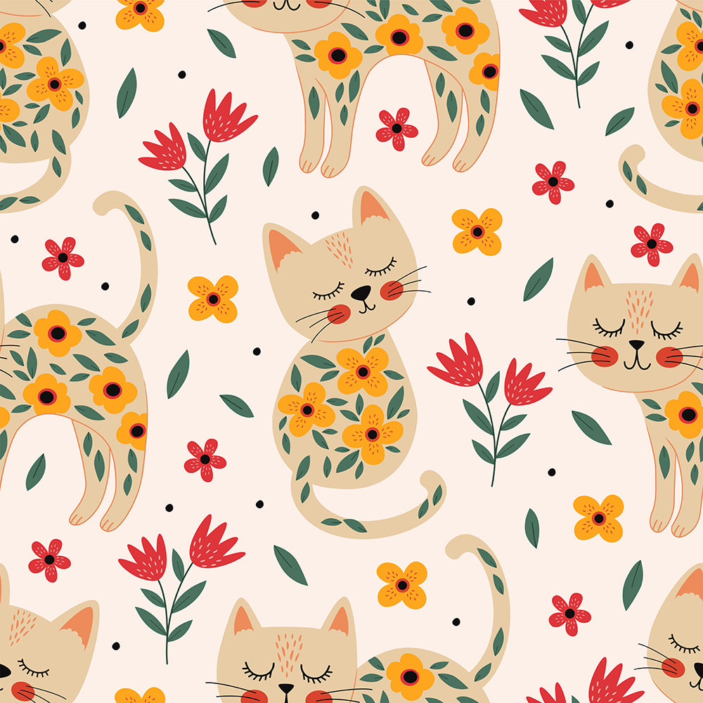 HaokHome Peel and Stick Wallpaper Spring Floral Cat Pattern Removable Wallpaper