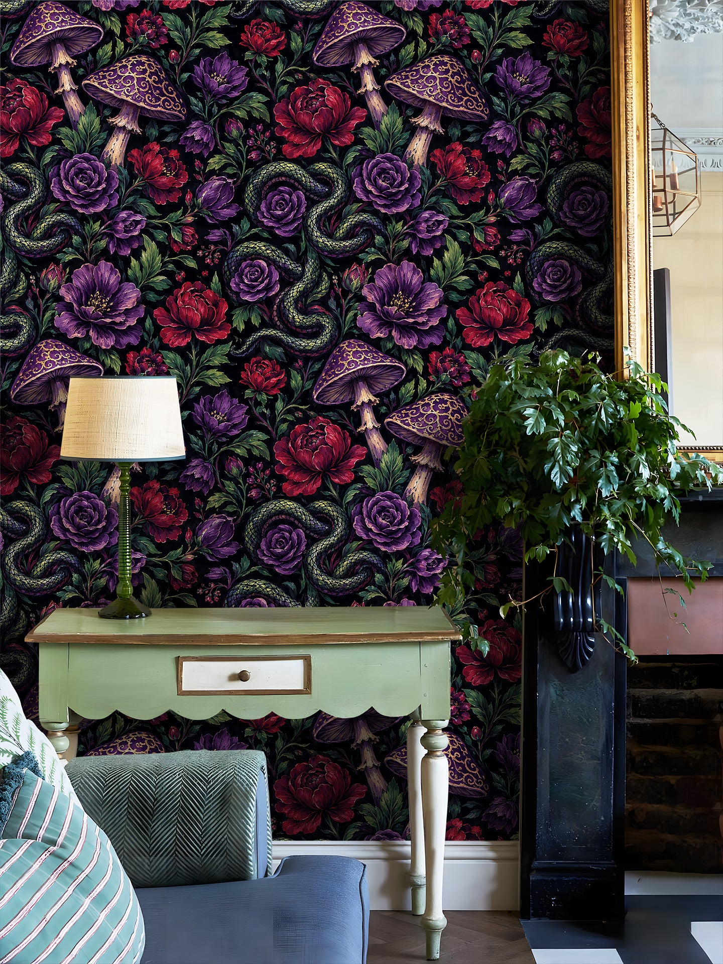 HaokHome Peel and Stick Wallpaper Dark Purple Rose Mushroom Snake Wall Mural Removable Self Adhesive Gothic Botanical Wallpaper