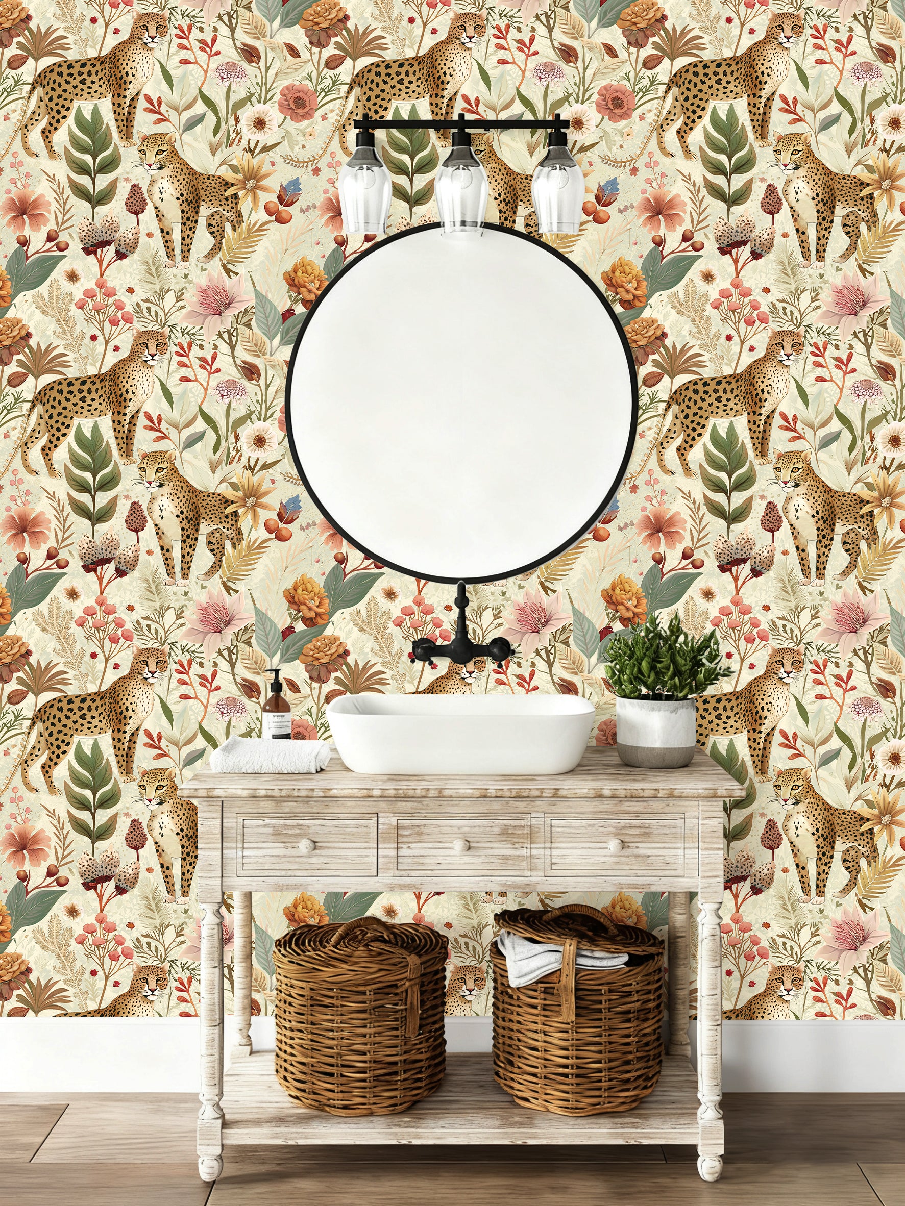 HaokHome Vintage Leopard Floral Removable Self‑Adhesive Wall Covering, Wild Jungle Botanical Peel and Stick Wallpaper