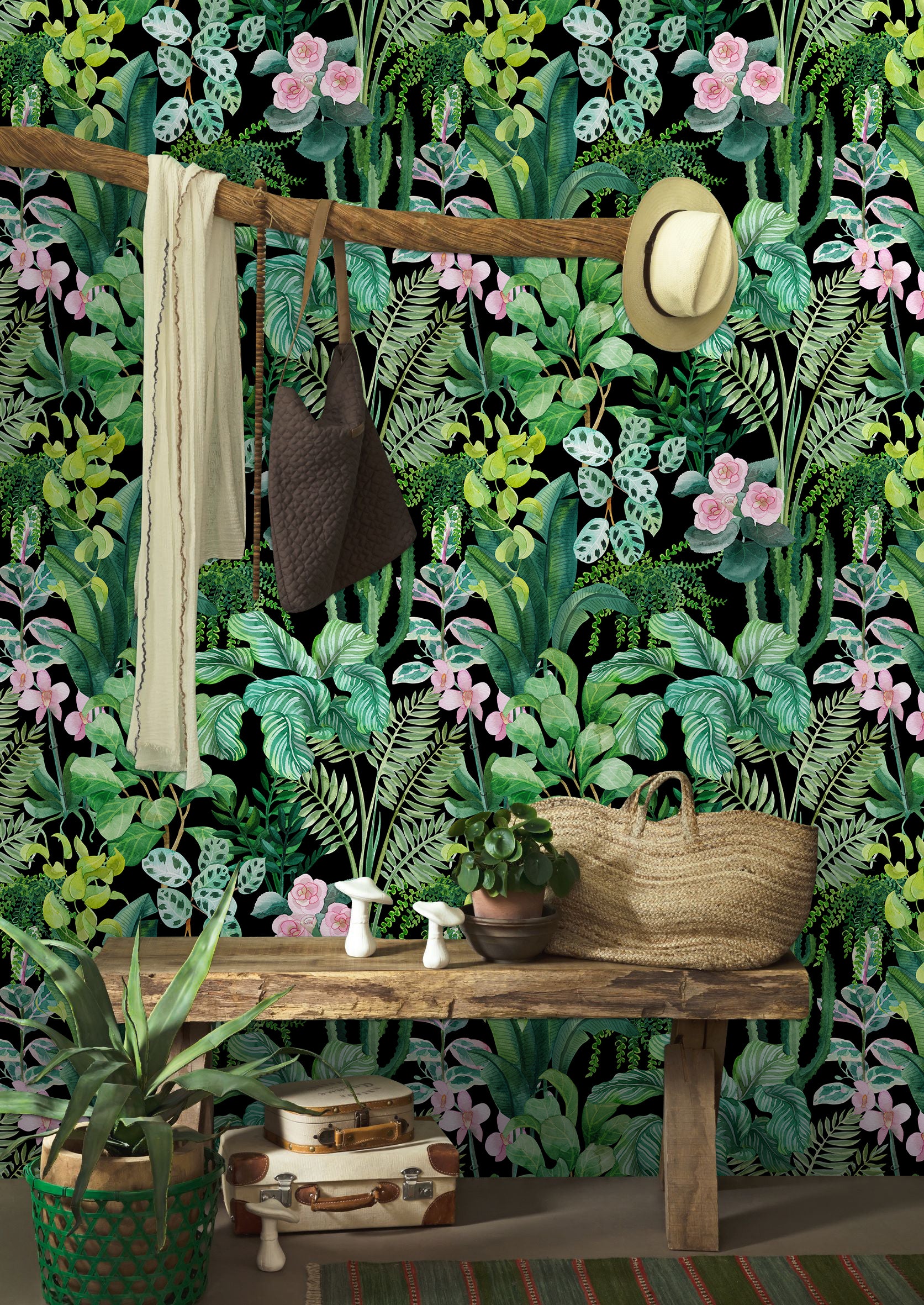 HaokHome Moody & Bright Tropical Jungle Peel and Stick Wallpaper, Watercolor Botanical Greenery Removable Self Adhesive Wallpaper for Bedroom & Bathroom