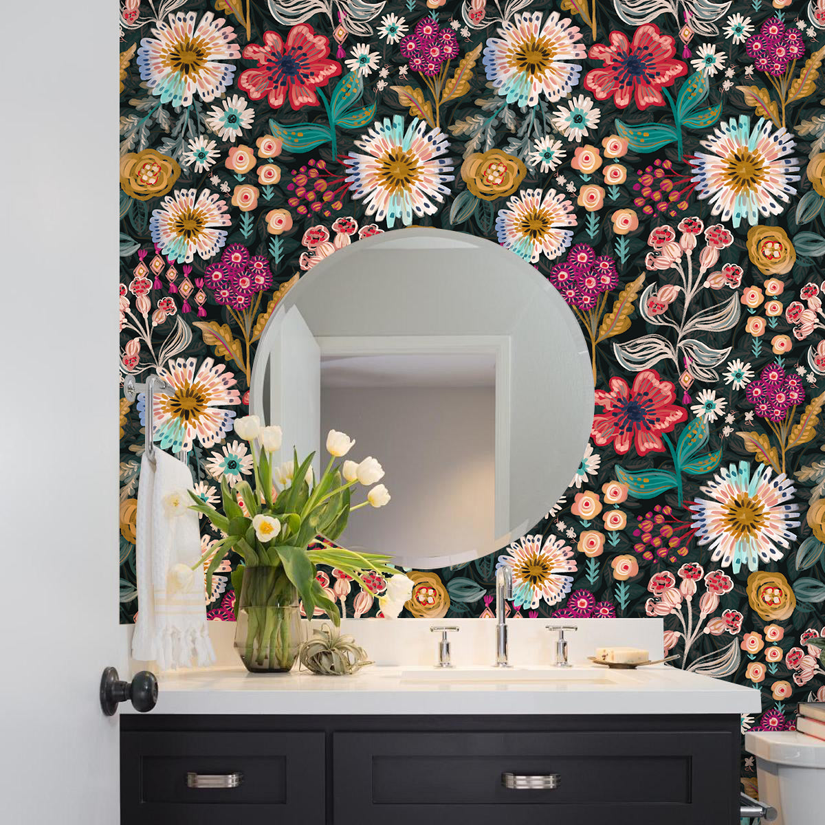 HaokHome Peel and Stick Wallpaper – Dark Moody Folk Wildflower Hand‑Drawn Botanical Removable Wallpaper for Accent Wall