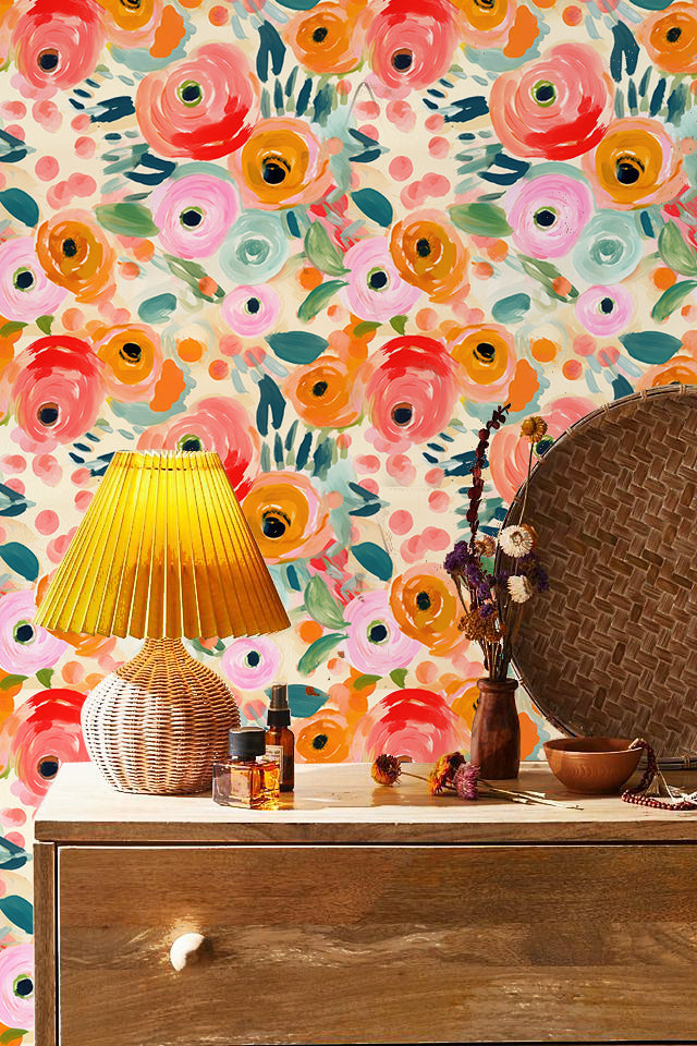 Abstract Brushstroke Ranunculus Wallpaper – Vibrant Impressionist Floral Print