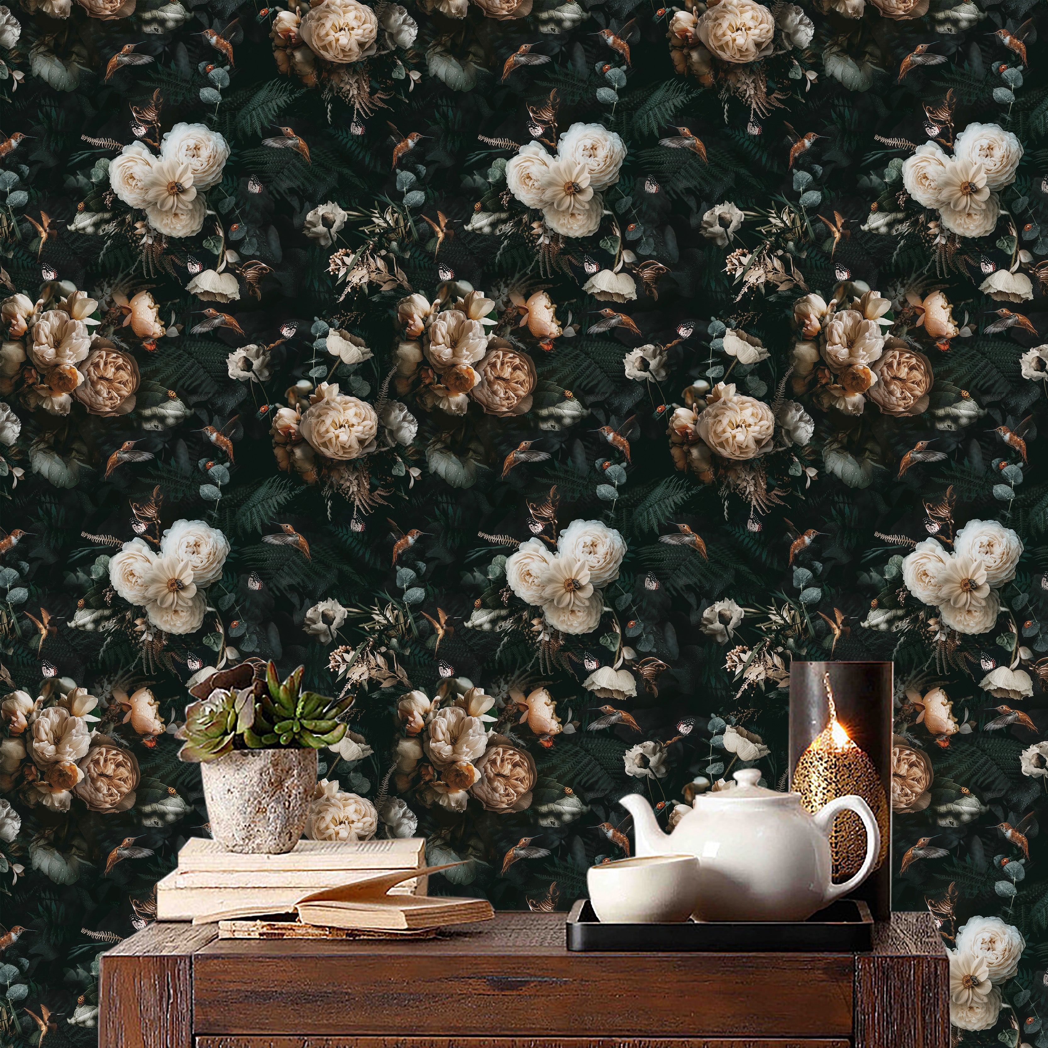 HaokHome Peel and Stick Boho Wallpaper Removable Vintage Black Floral Contact Paper for Cabinet Accent Wall
