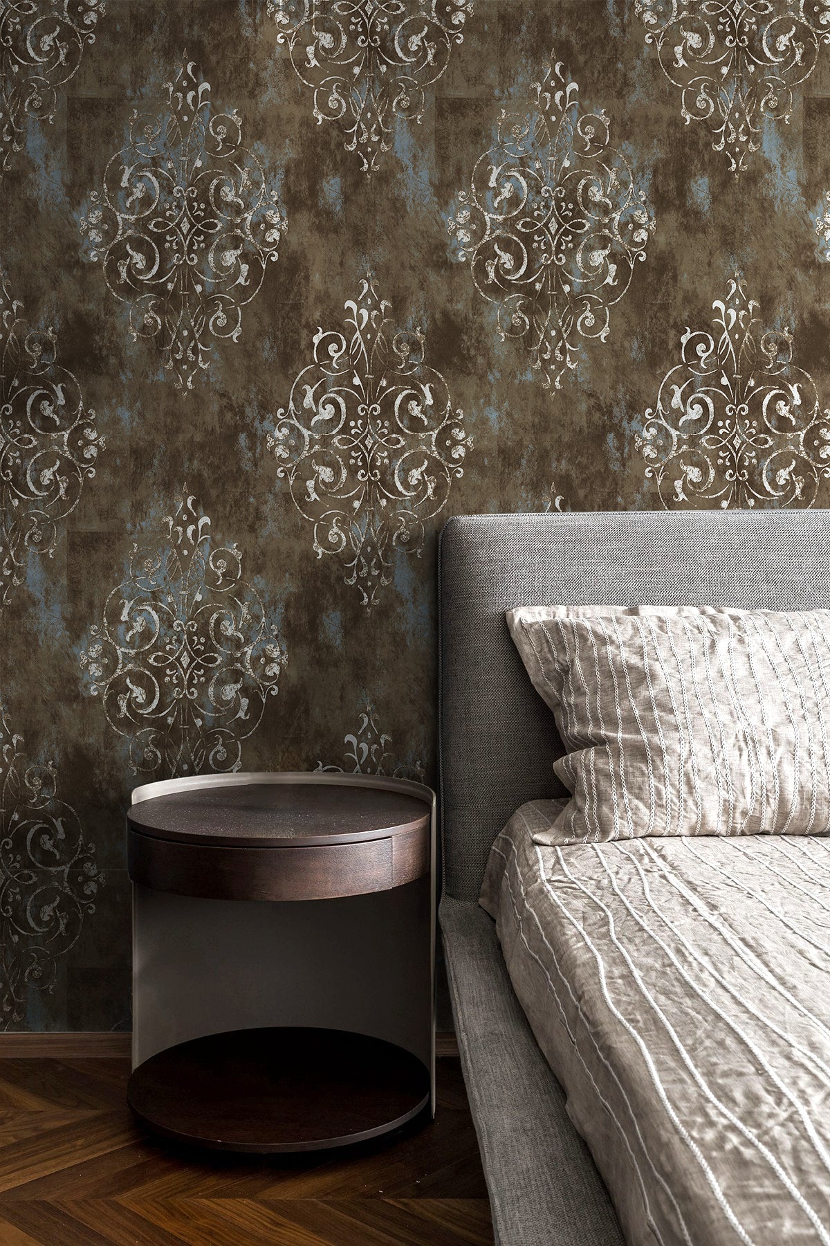 Aged‑look damask removable wallpaper for calm dark‑toned master bedroom