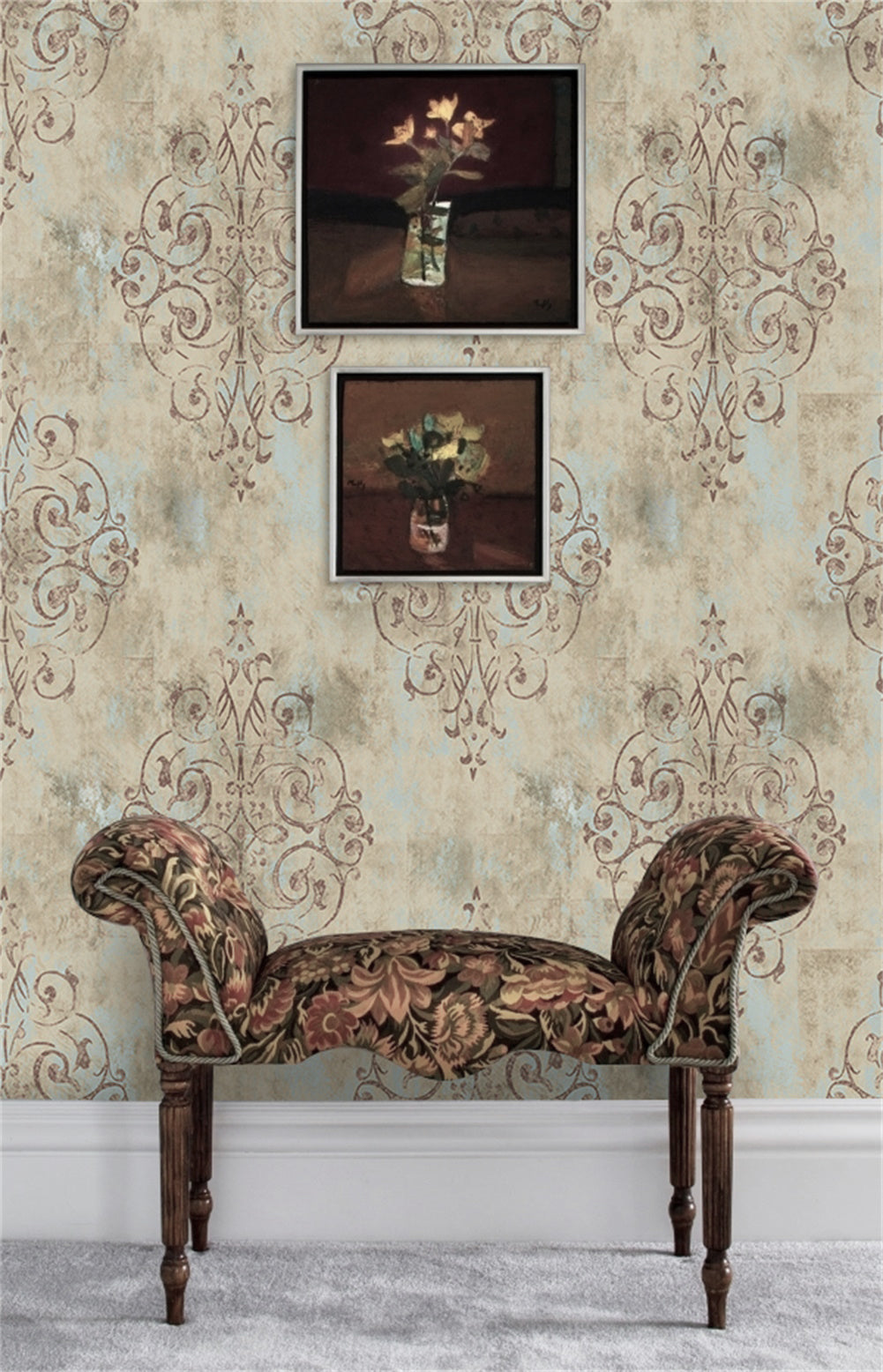 Antique damask peel and stick wallpaper on entry wall, vintage faded beige pattern with upholstered bench decor