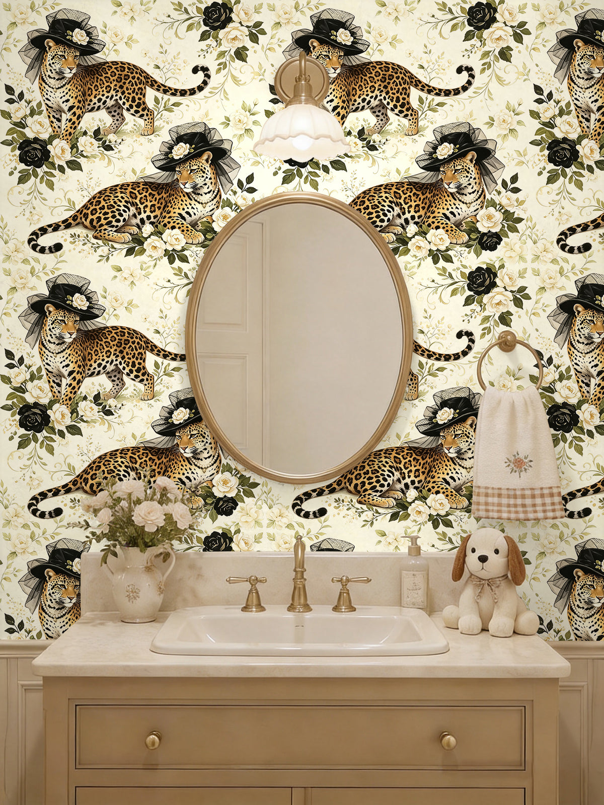 Bathroom vanity wall featuring whimsical leopard floral removable wallpaper, powder room decor