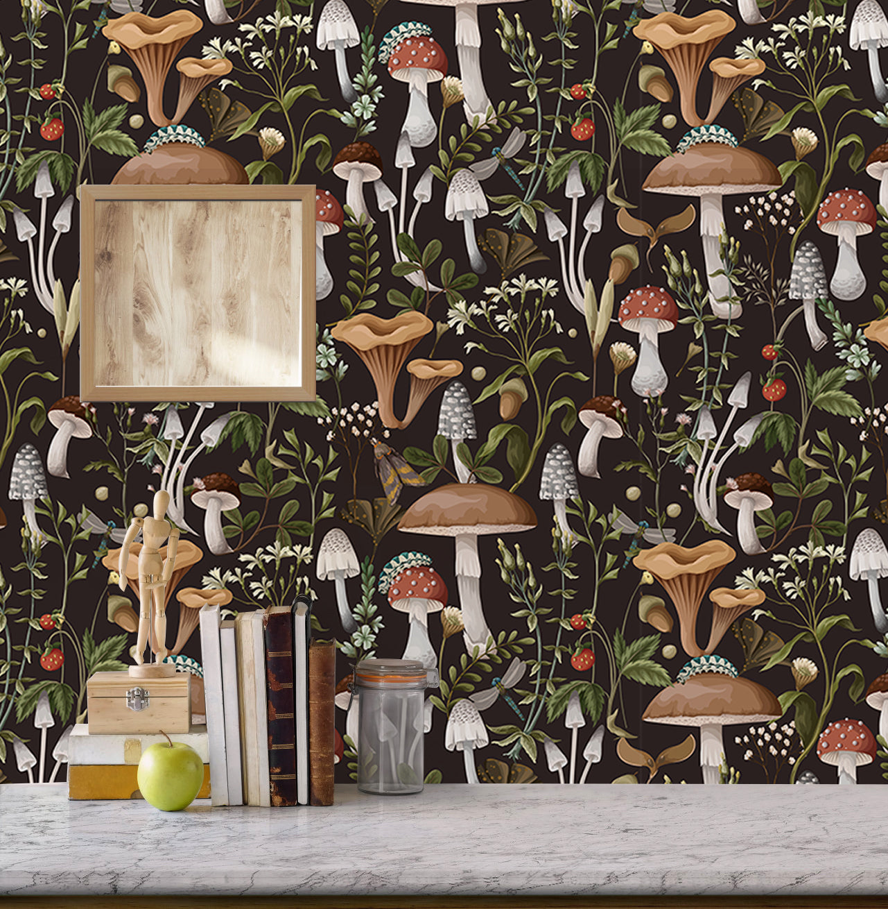 HaokHome 93279 Black/Brown Boho Mushroom Peel and Stick Wallpaper Removable Stick on Forest Contact Paper for Bedroom