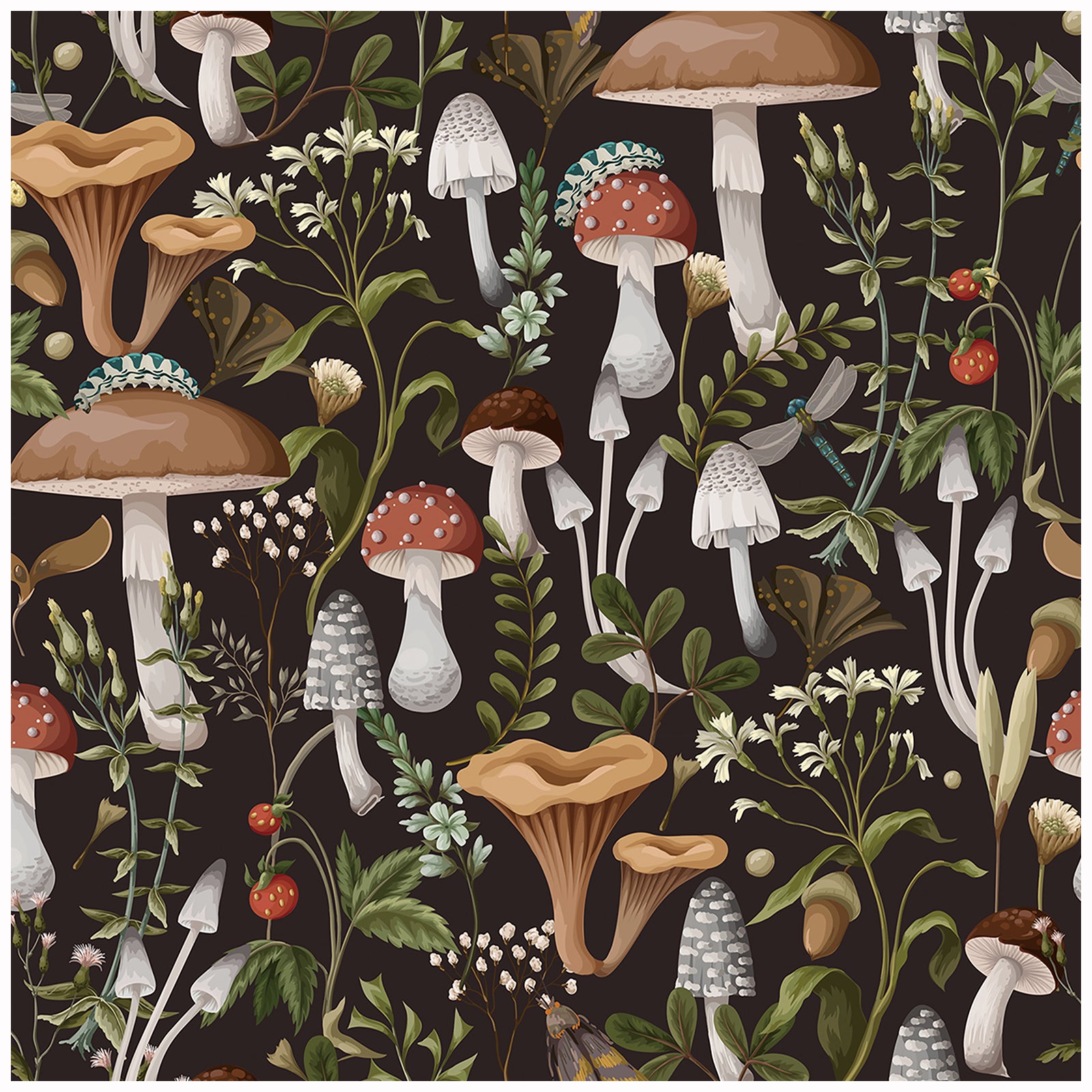 HaokHome 93279 Black/Brown Boho Mushroom Peel and Stick Wallpaper Removable Stick on Forest Contact Paper for Bedroom