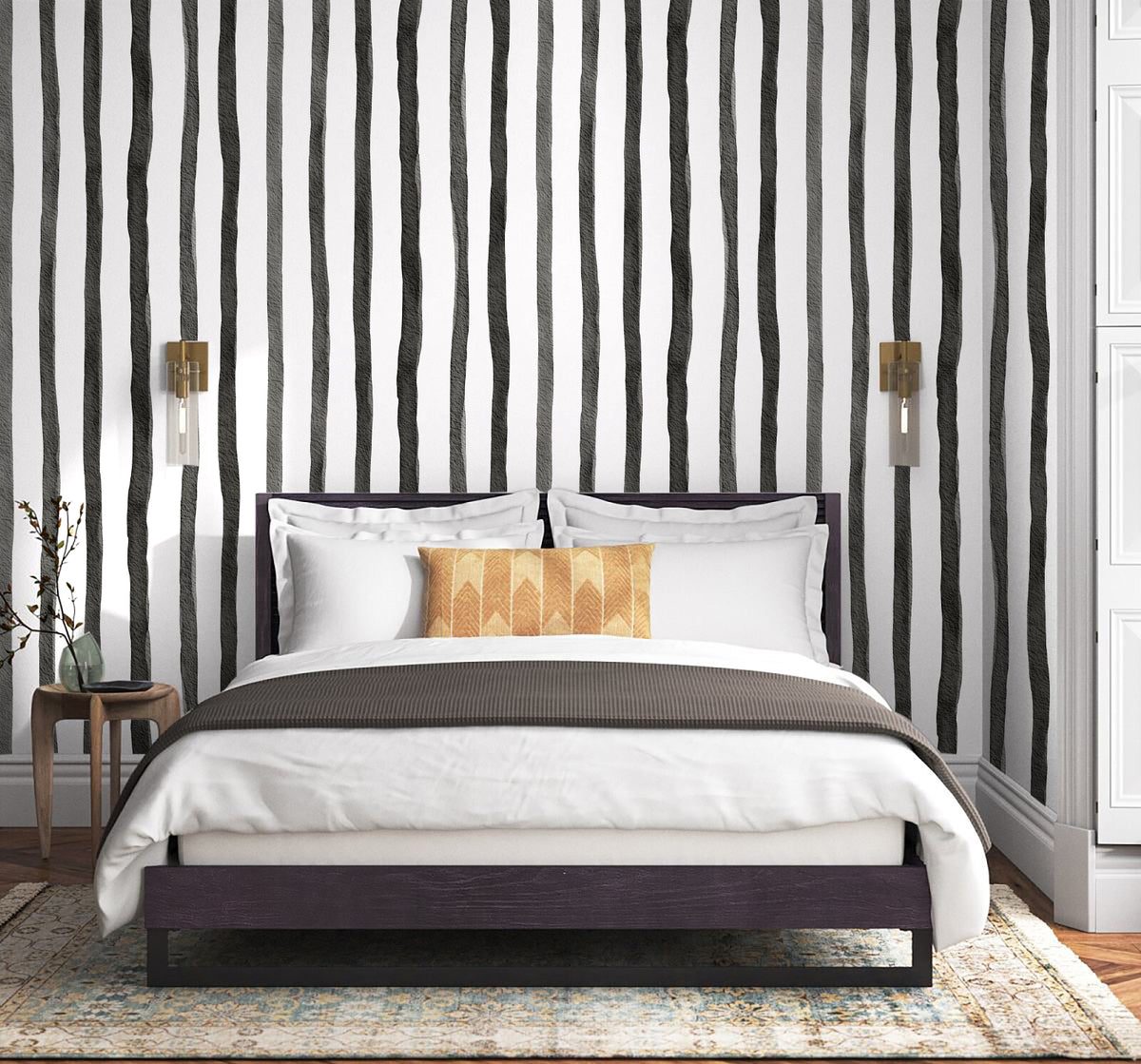 Black and white horizontal stripe peel and stick wallpaper, bedroom headboard wall decor, reusable removable wall paper for master room makeover