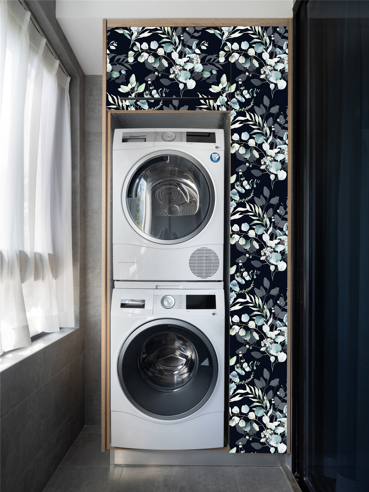 Black background botanical removable wallpaper laundry room accent wall, waterproof self-adhesive wall covering