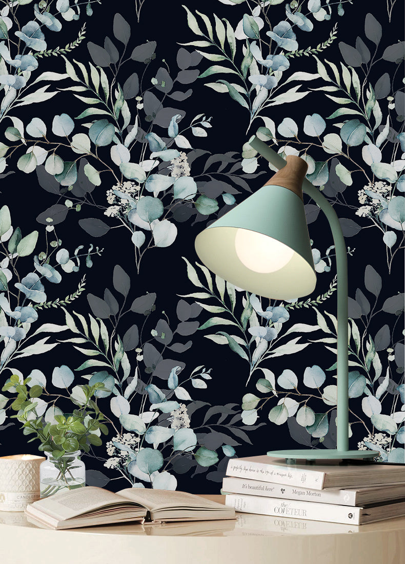 Black base botanical self adhesive wallpaper reading nook accent wall, home office decor