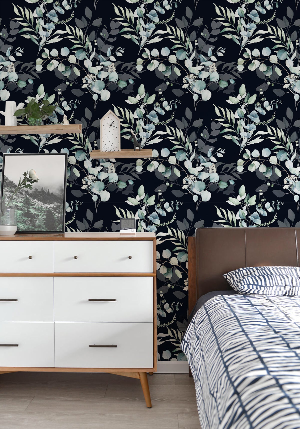 Black watercolor eucalyptus leaf peel and stick wallpaper bedroom feature wall, cozy boho bedroom decor