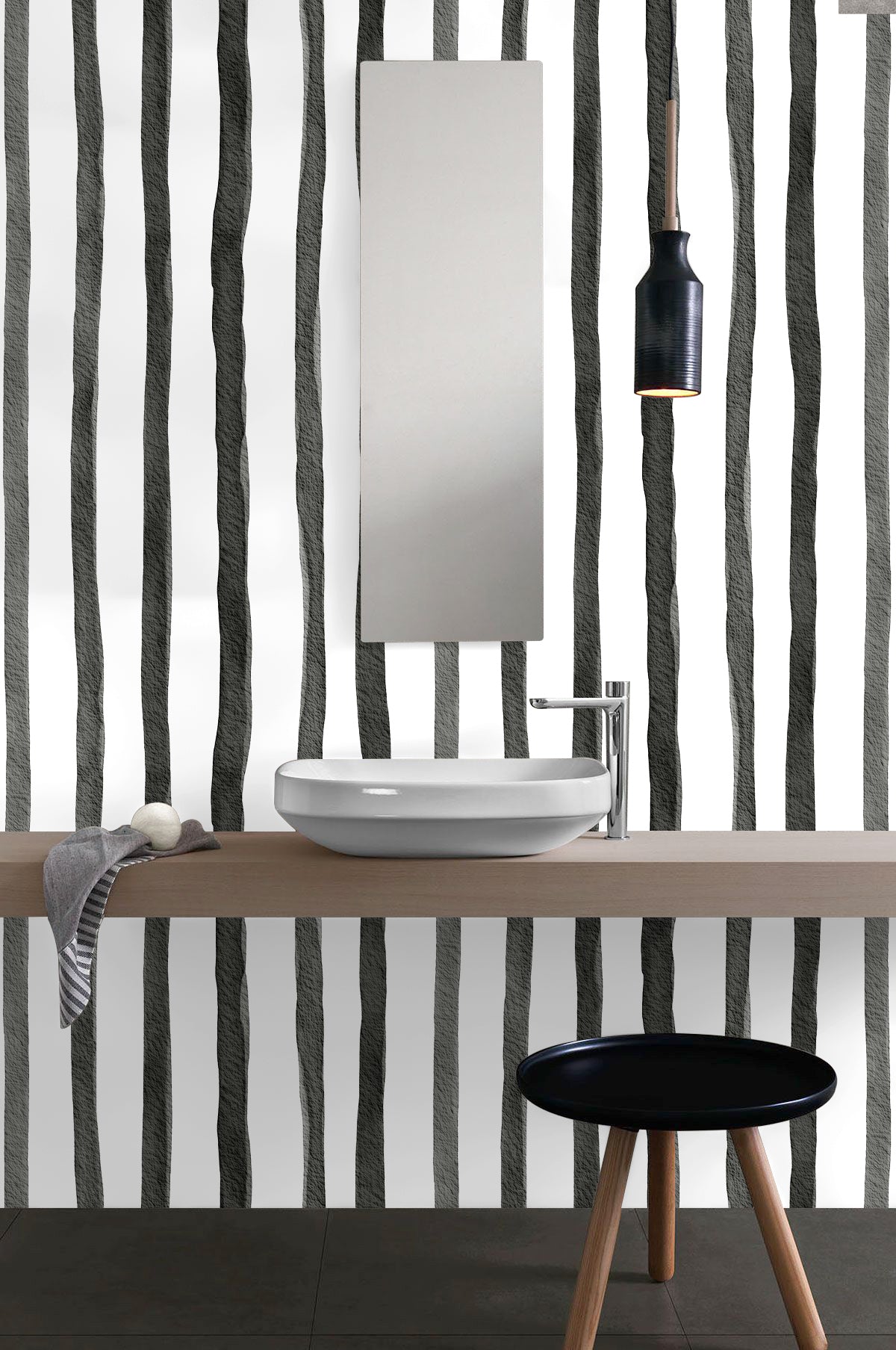 Black white watercolor vertical stripe peel and stick wallpaper, modern bathroom accent wall decor, removable self-adhesive wall covering for home renovation