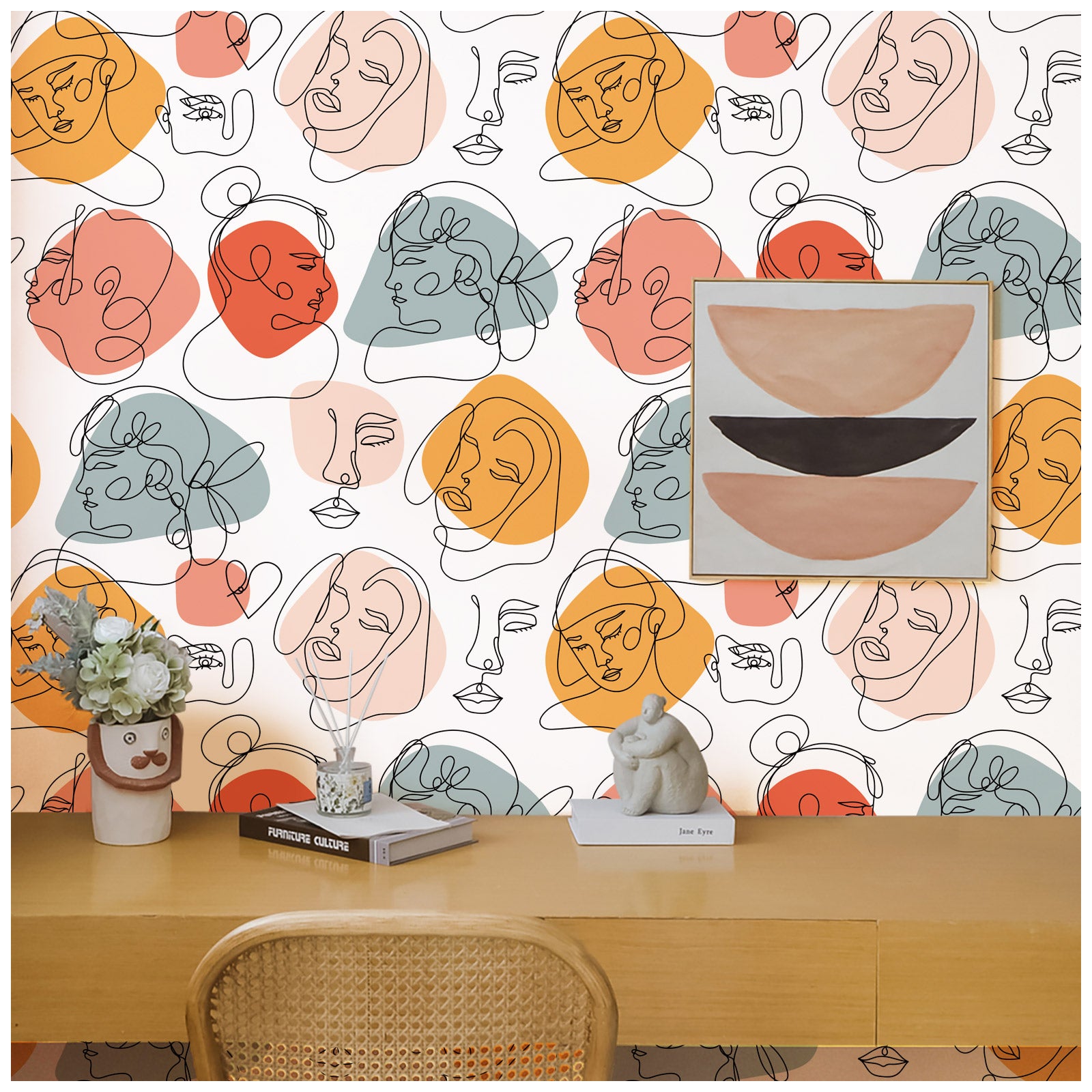 HAOKHOME 96107 Boho Peel and Stick Wallpaper Modern Abstract Faces Black/White/Colored Removable Vinyl Self Adhesive Contactpaper