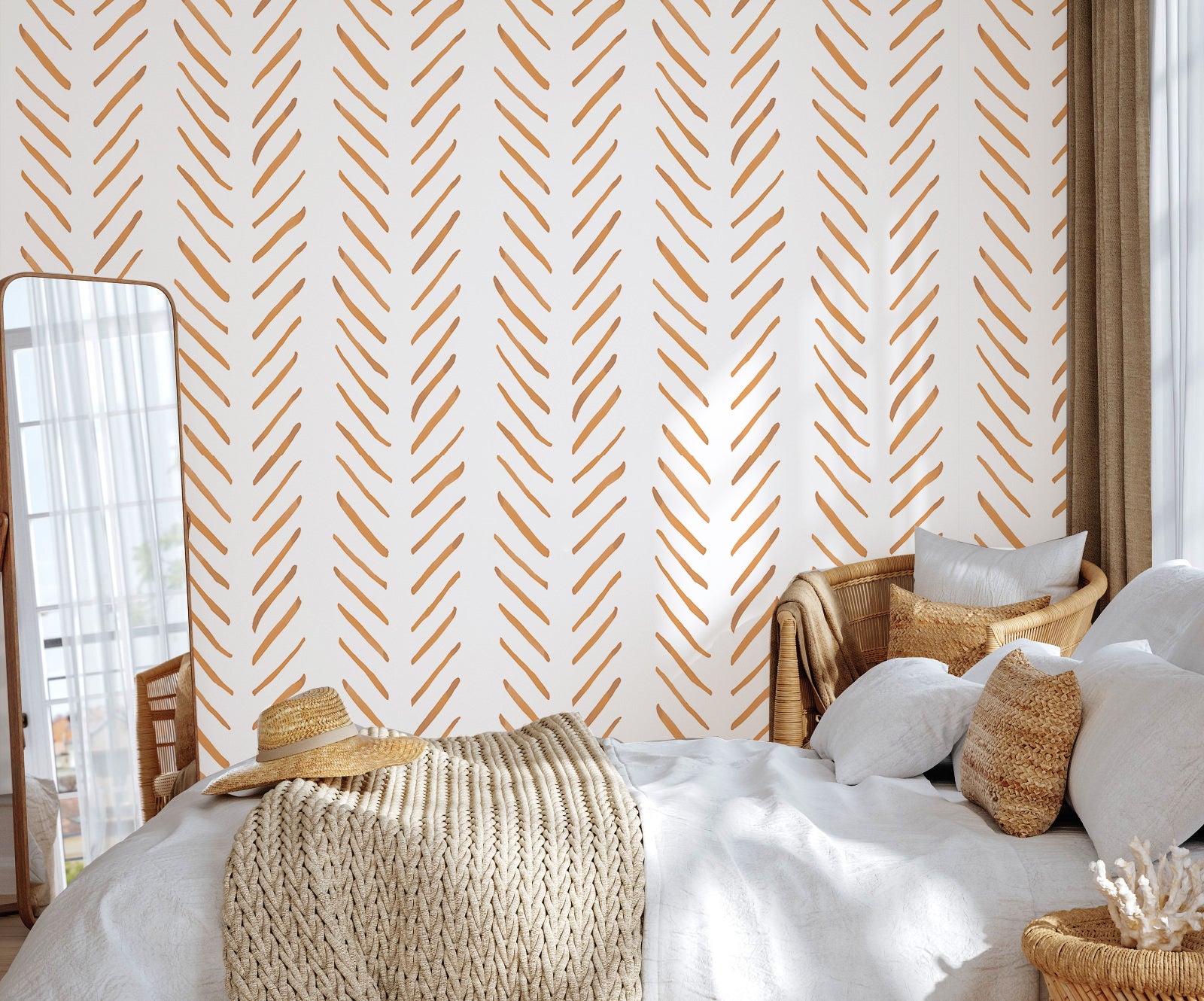 HAOKHOME 96101-3 Boho Stripes Peel and Stick Wallpaper Removable Terracotta/White Chevron Vinyl Self Adhesive Mural Contact Paper