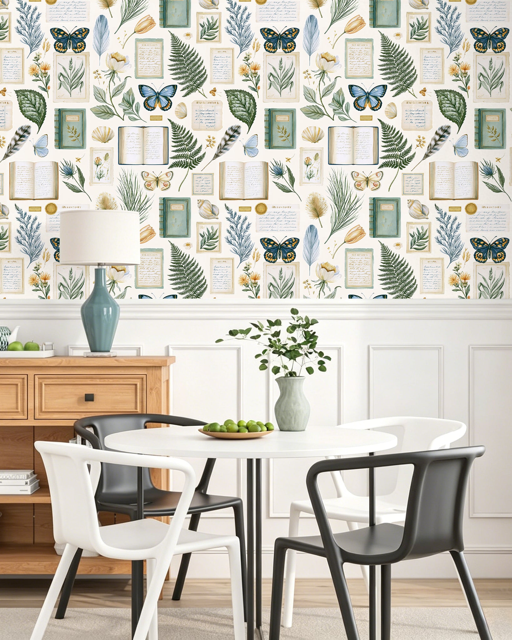 Botanical book‑inspired removable wallpaper decorating bright dining room space