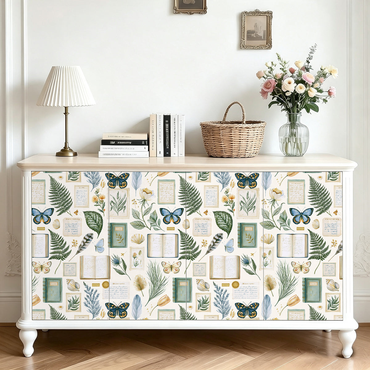 1. Botanical butterfly removable wallpaper decorating warm entryway dresser wall
2.