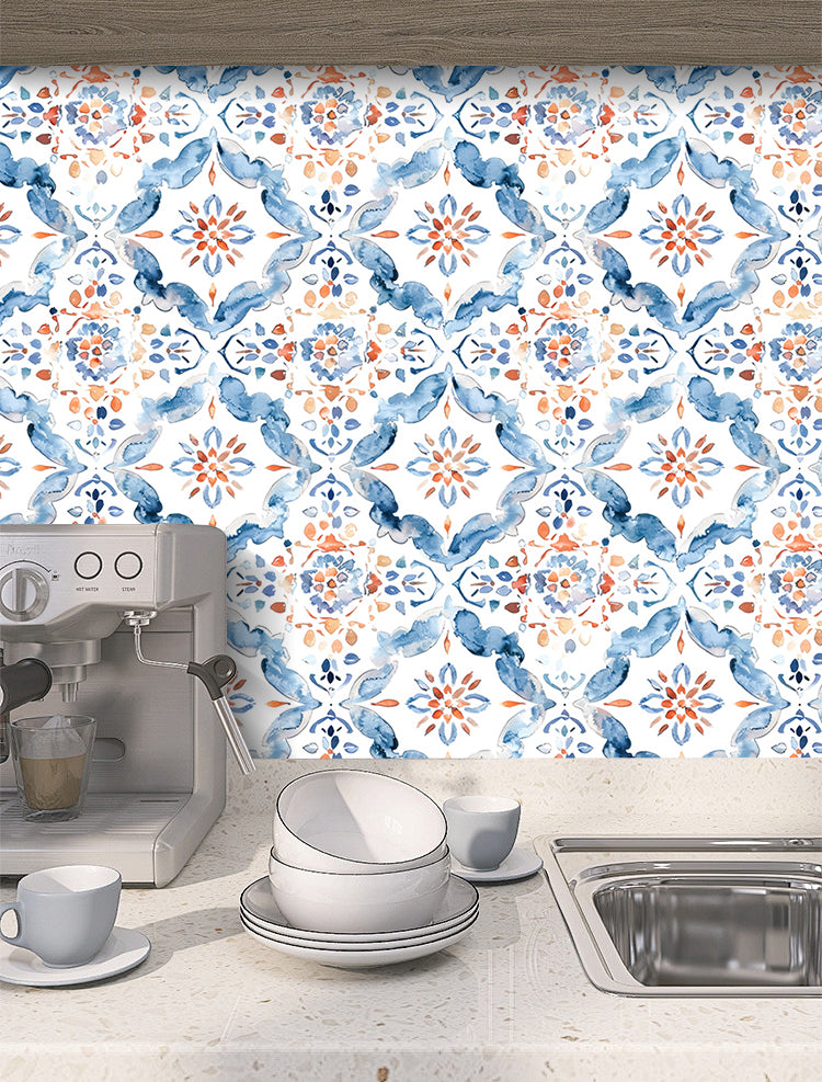 HaokHome Mediterranean Tile Peel and Stick Wallpaper Watercolor Pattern Removable Wall Decor for Kitchen & Bathroom