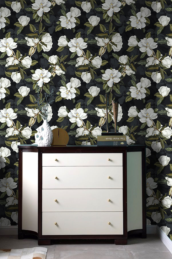 HaokHome Dark Magnolia Floral Peel and Stick Wallpaper, Moody Botanical Removable Wallpaper