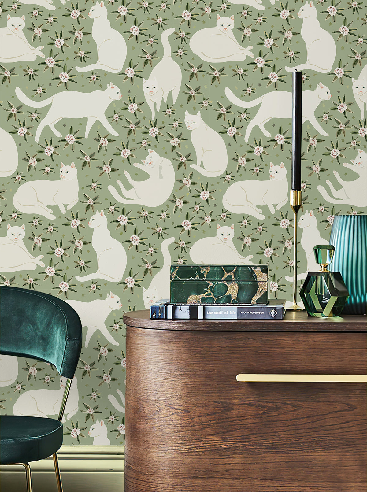 HaokHome Gentle White Cat Floral Removable Self‑Adhesive Wall Covering, Soft Sage Green Botanical Peel and Stick Wallpaper