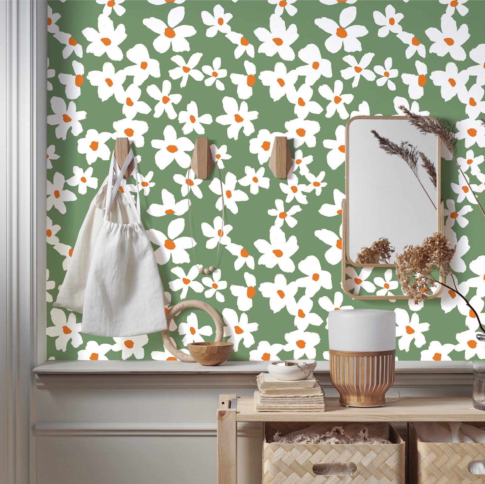 HaokHome Peel and Stick Wallpaper Green White Daisy Floral Wall Mural Removable Self Adhesive Minimalist Botanical Wallpaper