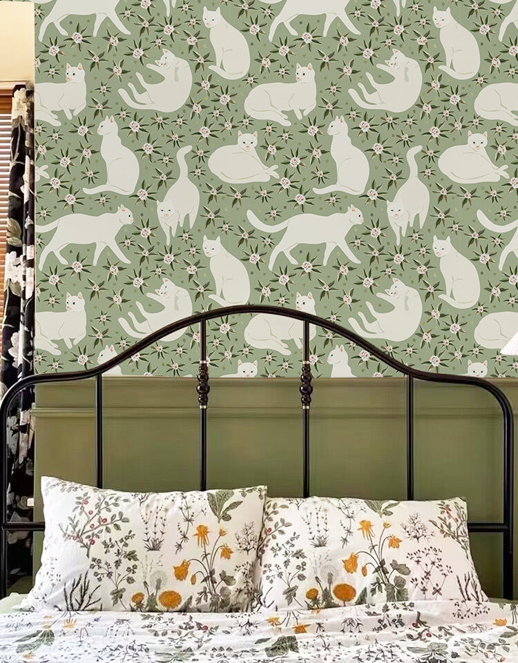 HaokHome Gentle White Cat Floral Removable Self‑Adhesive Wall Covering, Soft Sage Green Botanical Peel and Stick Wallpaper