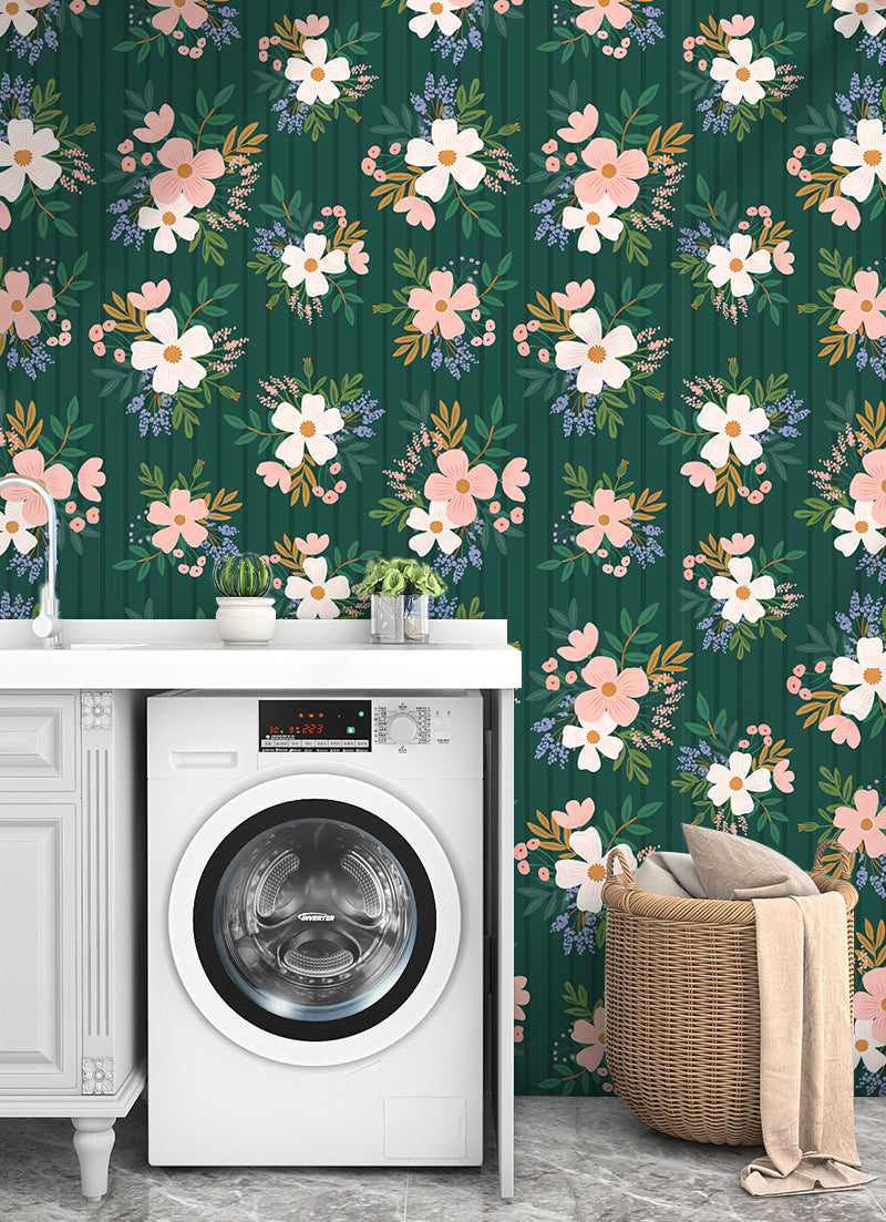 HaokHome Wallpaper Peel and Stick Botanical Floral Green/Pink/White Rustic Wall Decor Removable Mural for Bedroom & Living Room